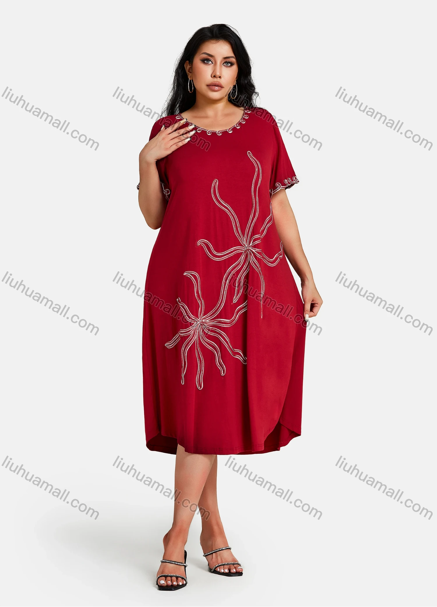 Wholesale Women's Plus Size Elegant Crew Neck Short Sleeve Embroidery Knee Length Dress - Liuhuamall