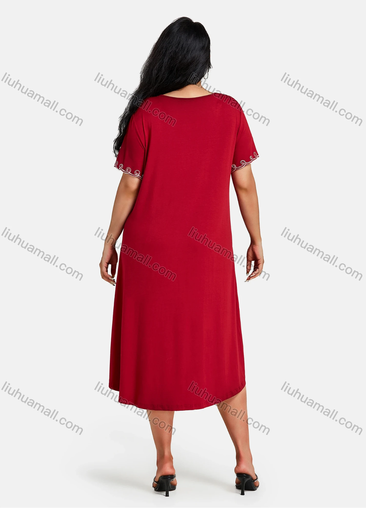 Wholesale Women's Plus Size Elegant Crew Neck Short Sleeve Embroidery Knee Length Dress - Liuhuamall