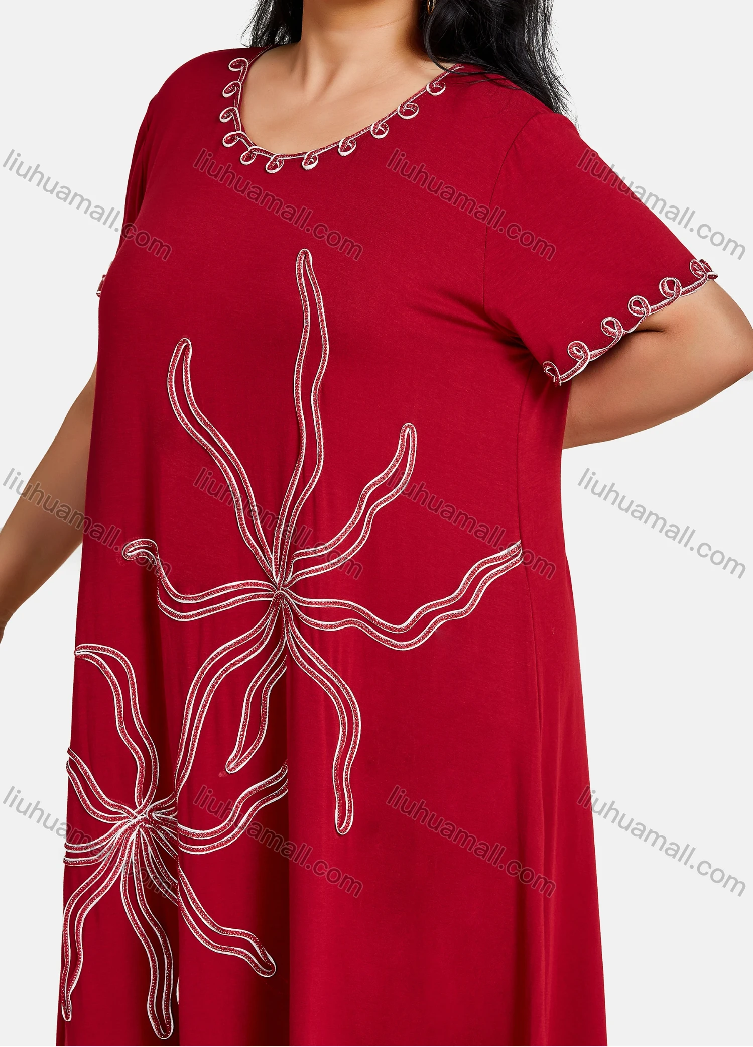 Wholesale Women's Plus Size Elegant Crew Neck Short Sleeve Embroidery Knee Length Dress - Liuhuamall