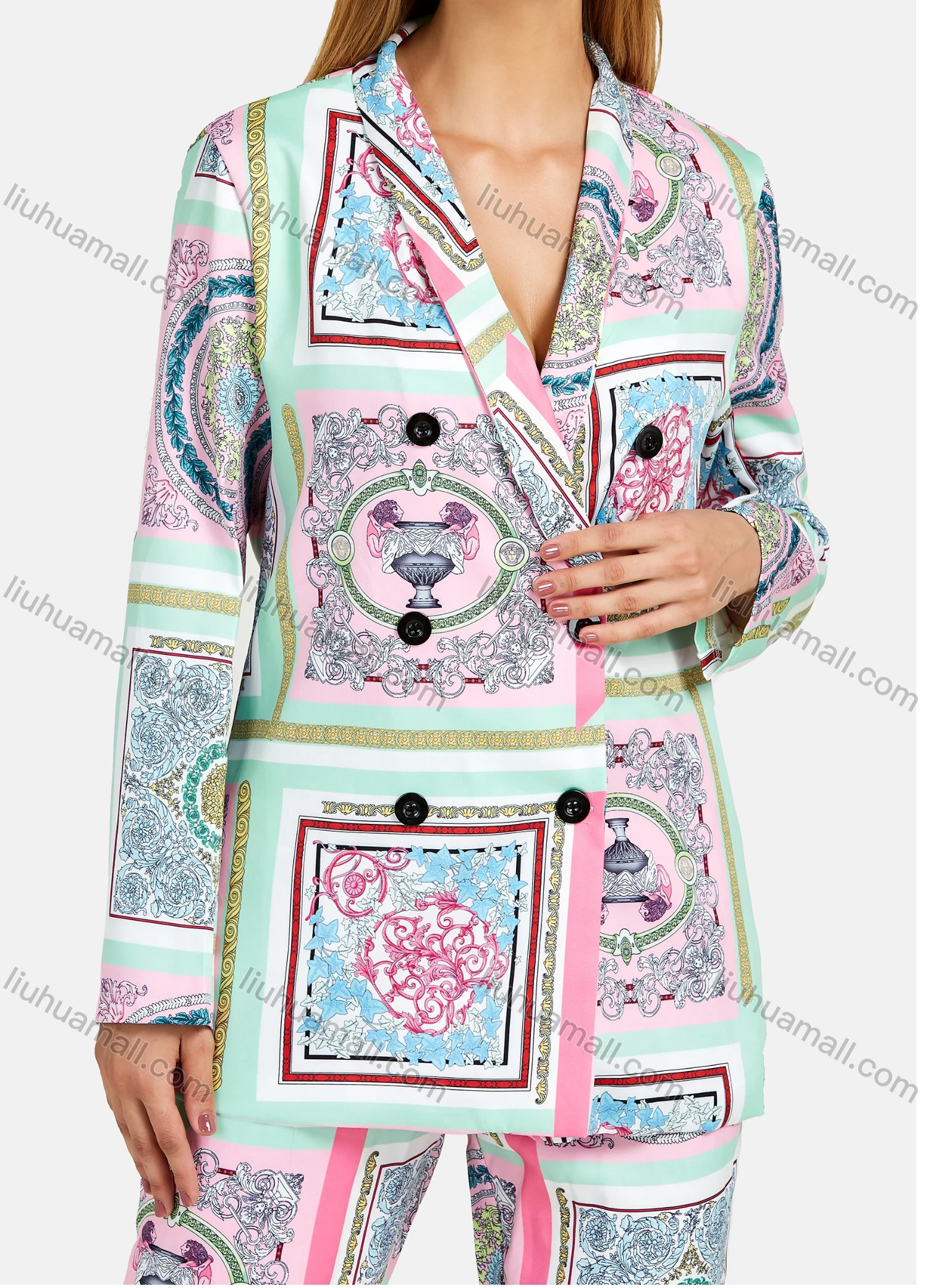 Wholesale Women's Fashion 2 Piece Roll Neck Button Front Long Sleeve Blazer and Cropped Ankle-Tie Pant - Liuhuamall