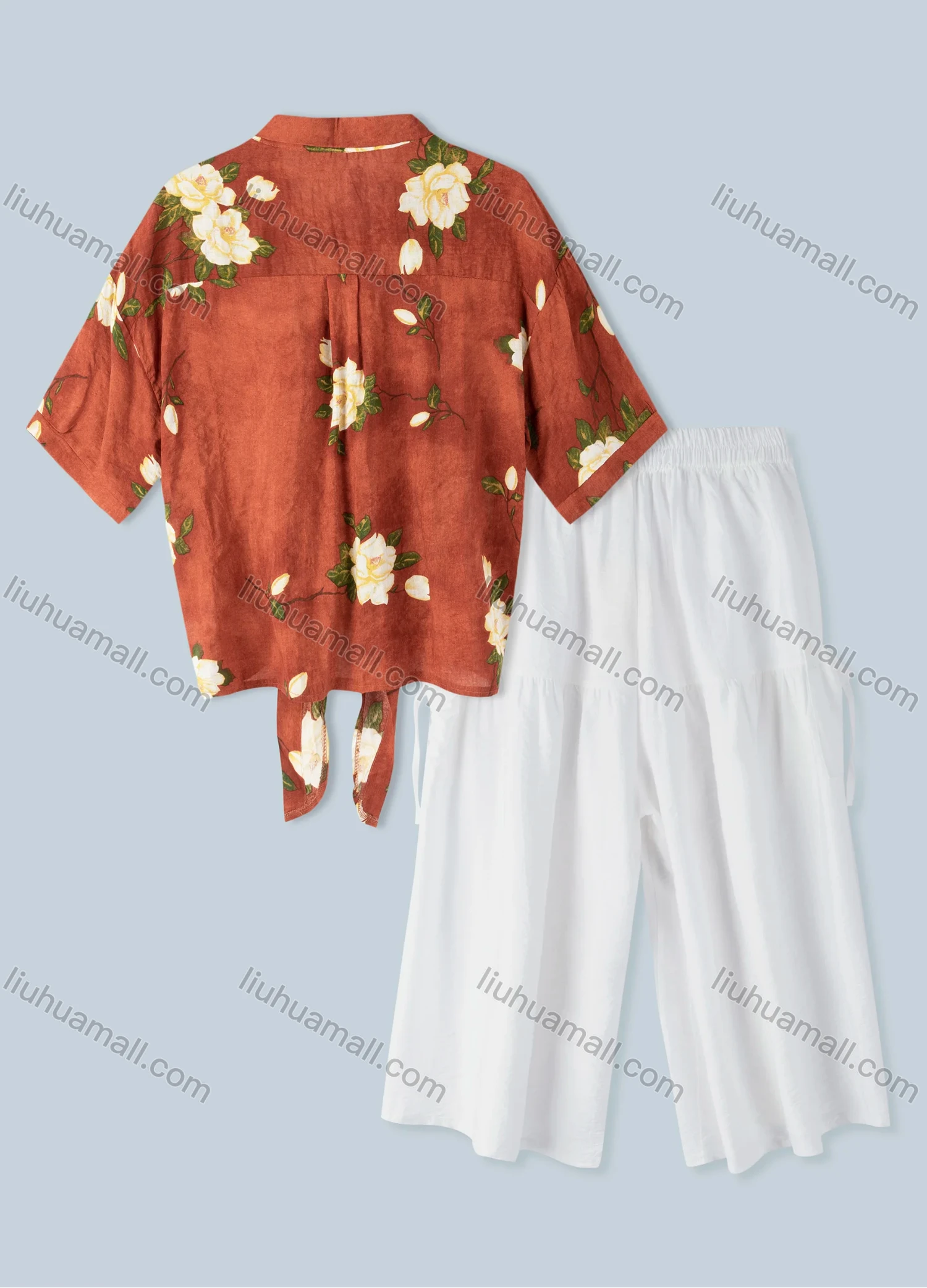 Wholesale Women's Vacation Linen Shirt Half Sleeve Floral Print Top 2 Piece Set - Liuhuamall
