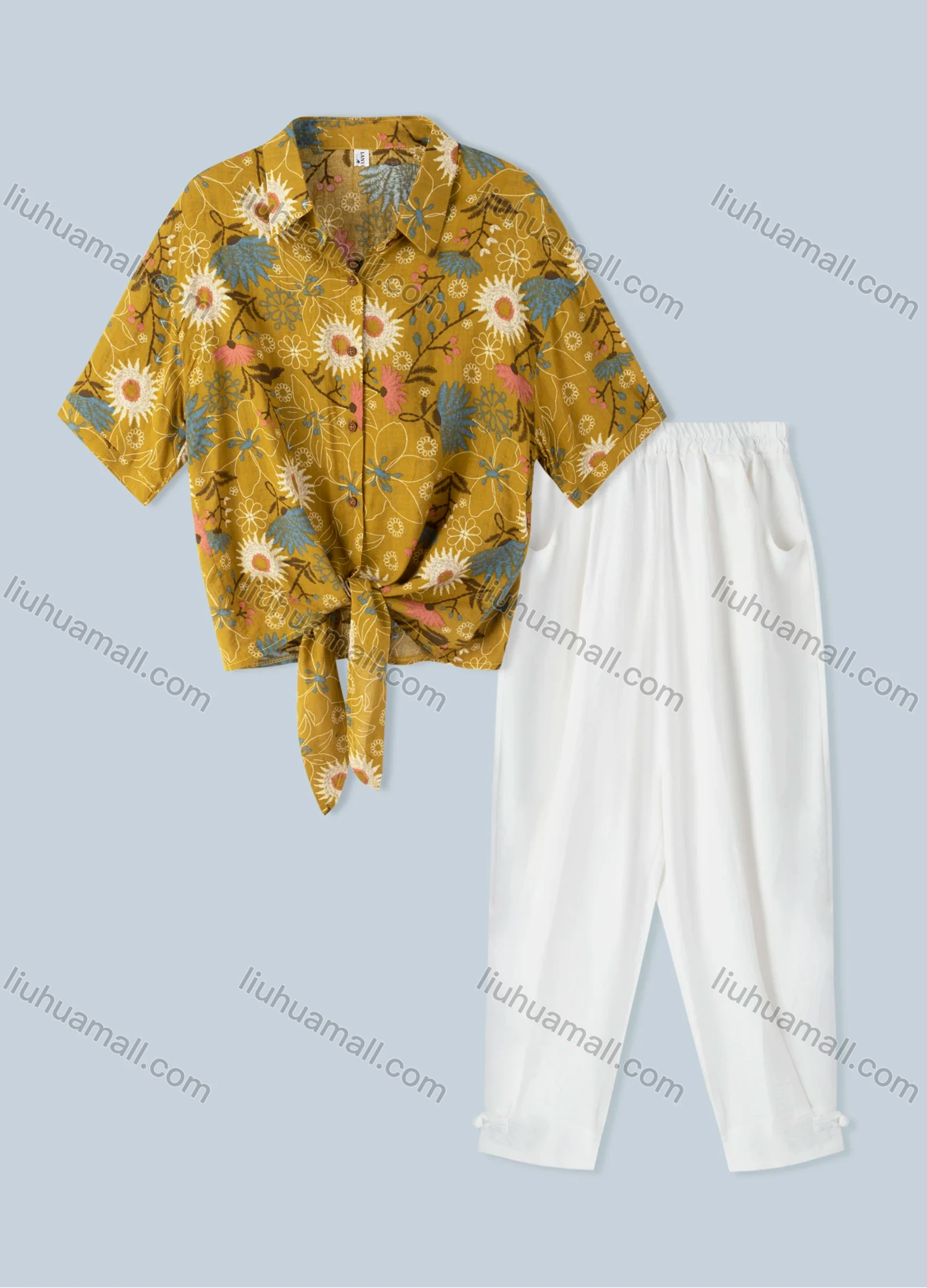 Wholesale Women's Vacation Linen Shirt Half Sleeve Floral Print Top 2 Piece Set - Liuhuamall