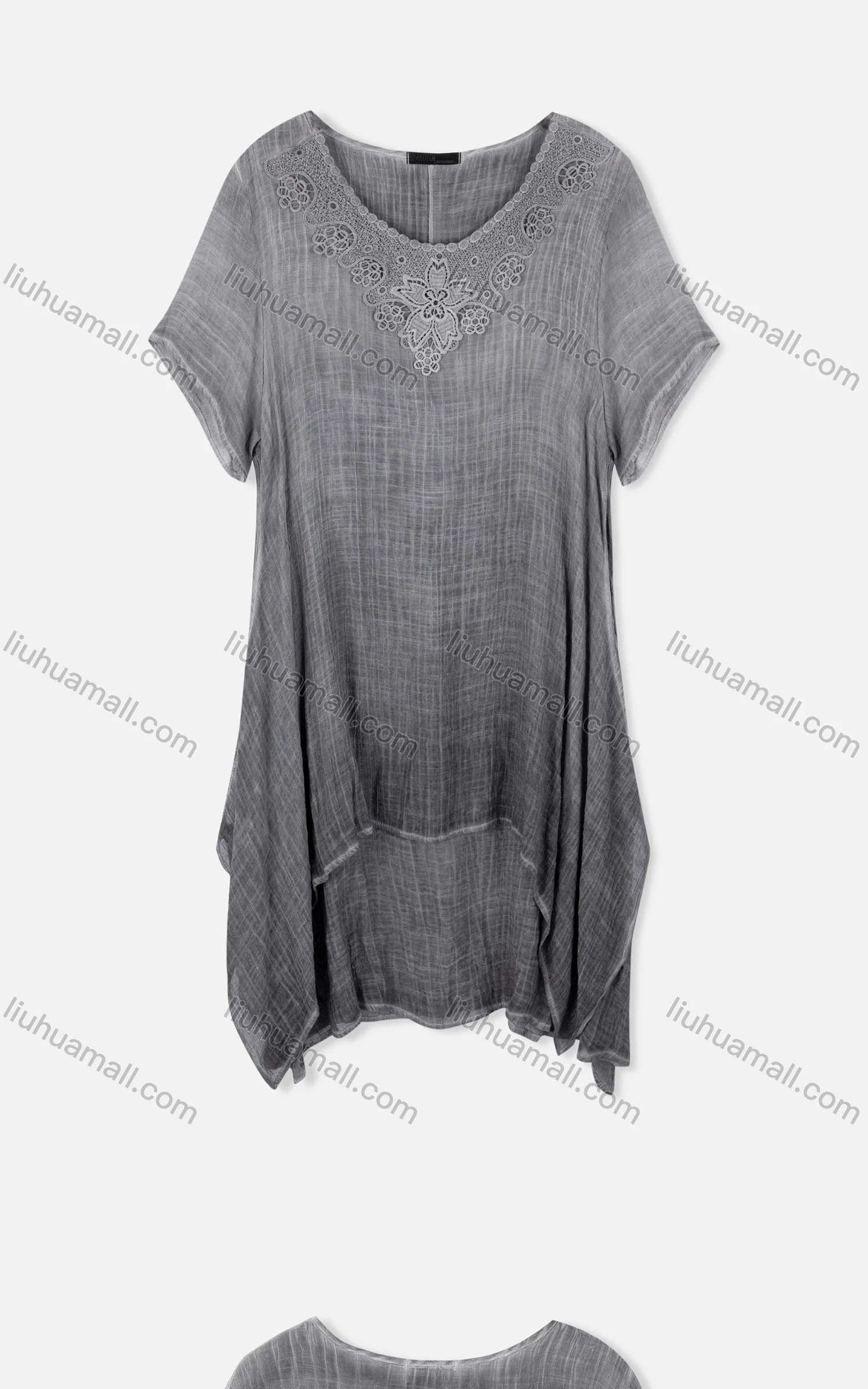 Wholesale Woman's Linen Loose Fit Floral Embroidery Lace Crew Neck Short Sleeve Dress 3022# - Liuhuamall