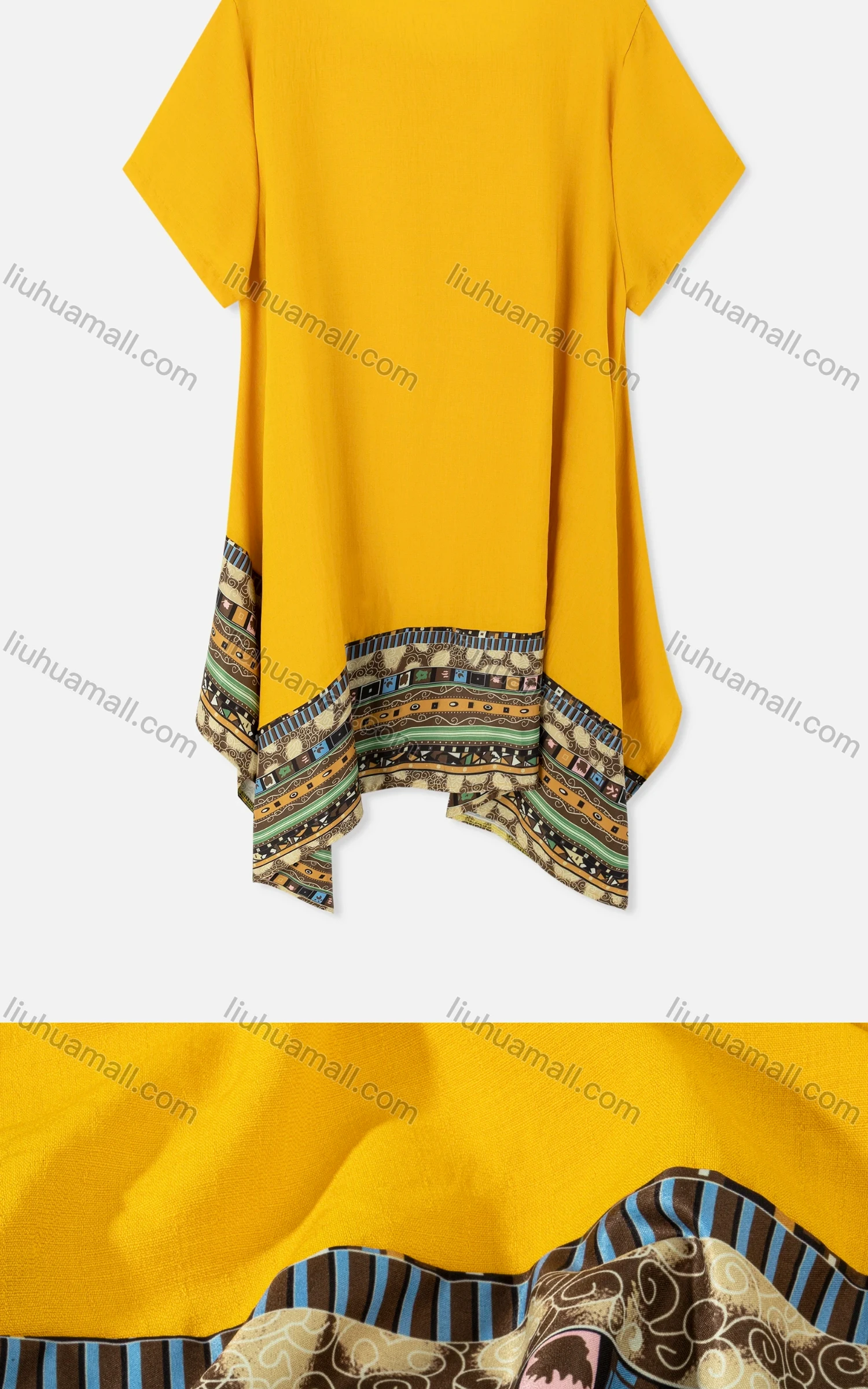 Wholesale Woman's Linen Scoop Neck Short Sleeve Top Tribal Splicing Tunic 3023# - Liuhuamall