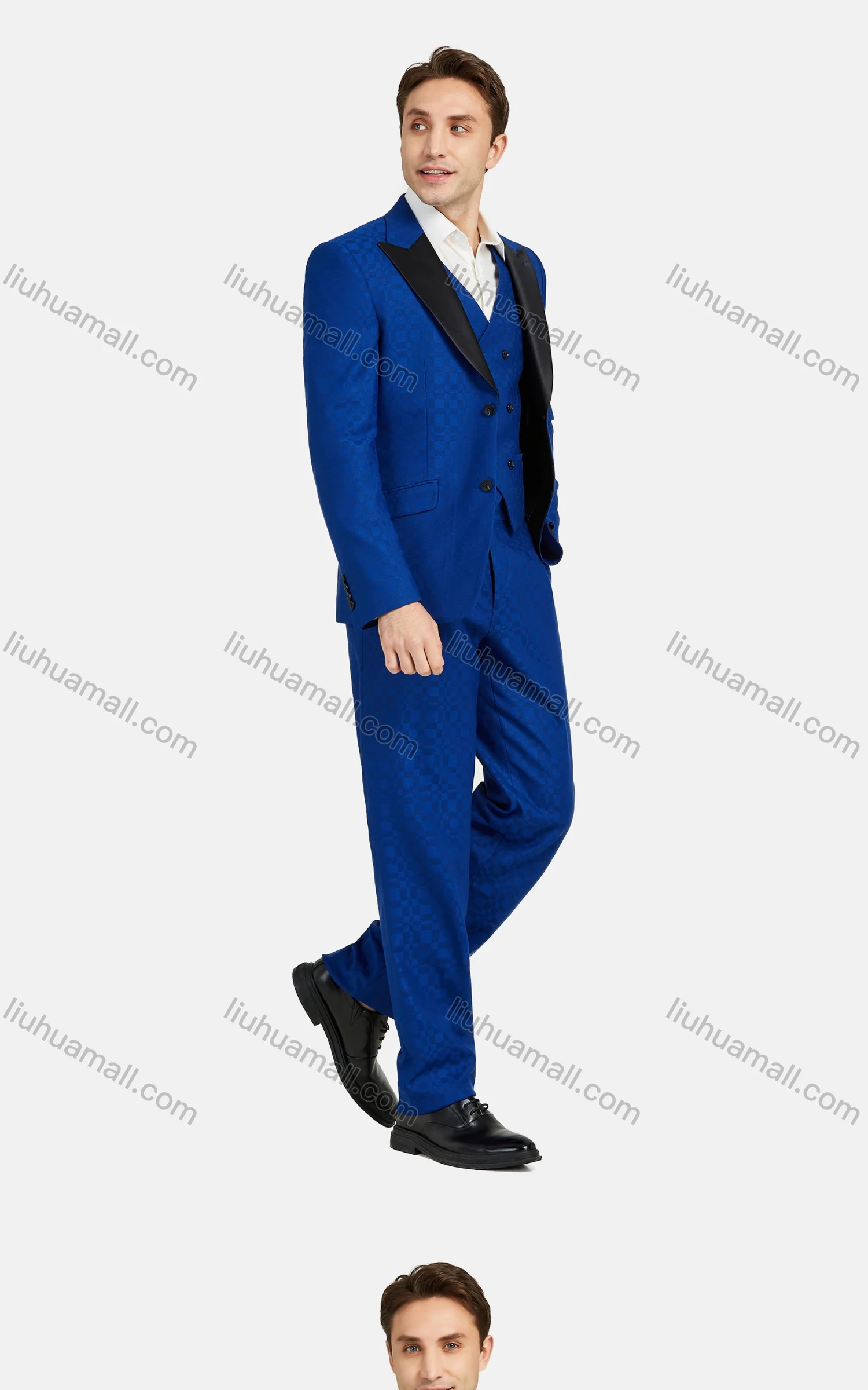 Wholesale Men's Fashion Lapel Plaid Contrast Pockets Blazer & Double Breasted Vest & Pants 3 Piece Sets 1545-0395# - Liuhuamall