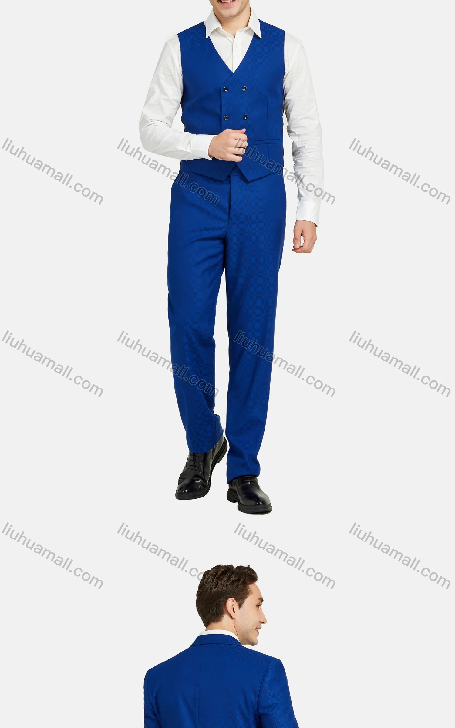 Wholesale Men's Fashion Lapel Plaid Contrast Pockets Blazer & Double Breasted Vest & Pants 3 Piece Sets 1545-0395# - Liuhuamall