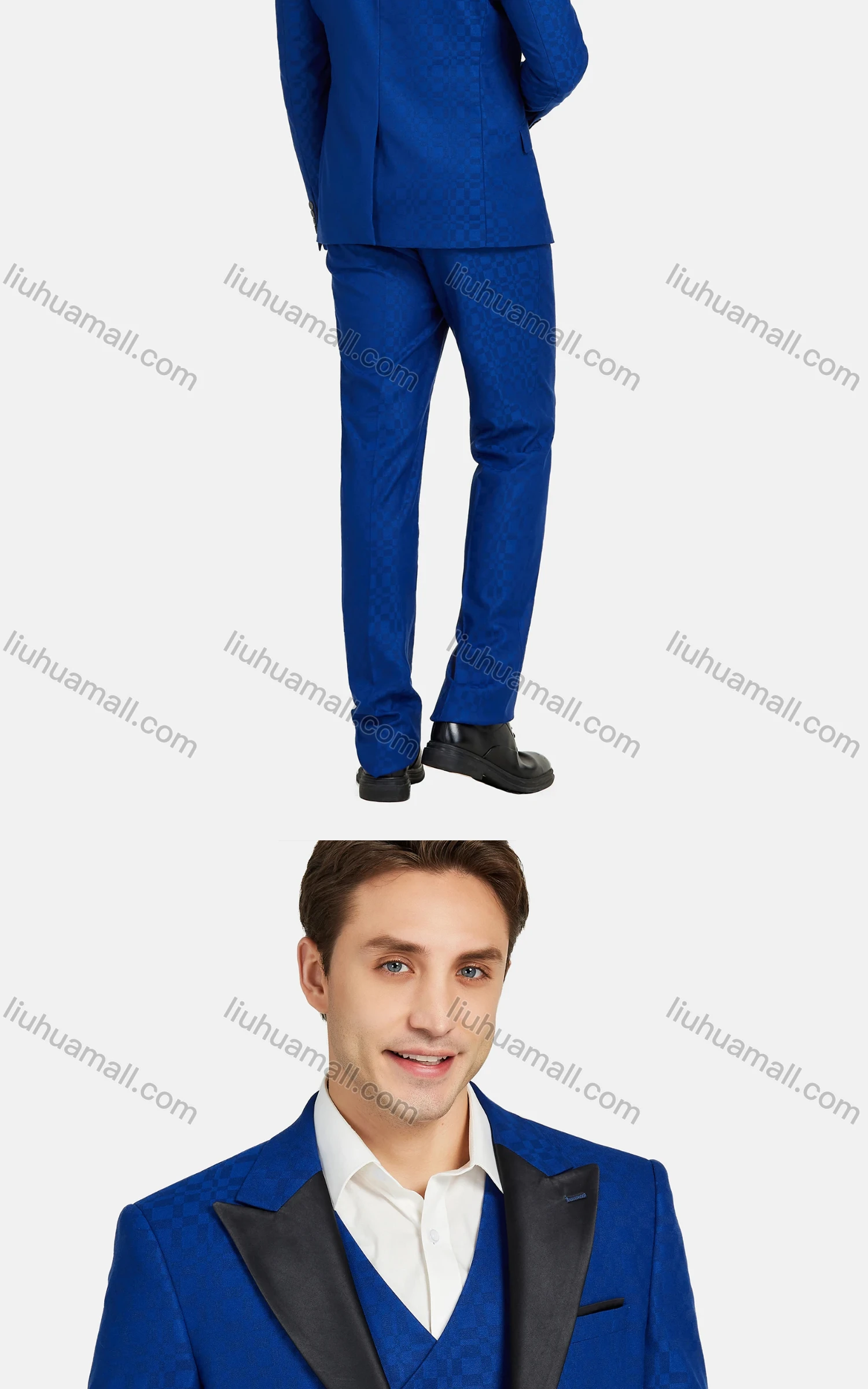 Wholesale Men's Fashion Lapel Plaid Contrast Pockets Blazer & Double Breasted Vest & Pants 3 Piece Sets 1545-0395# - Liuhuamall