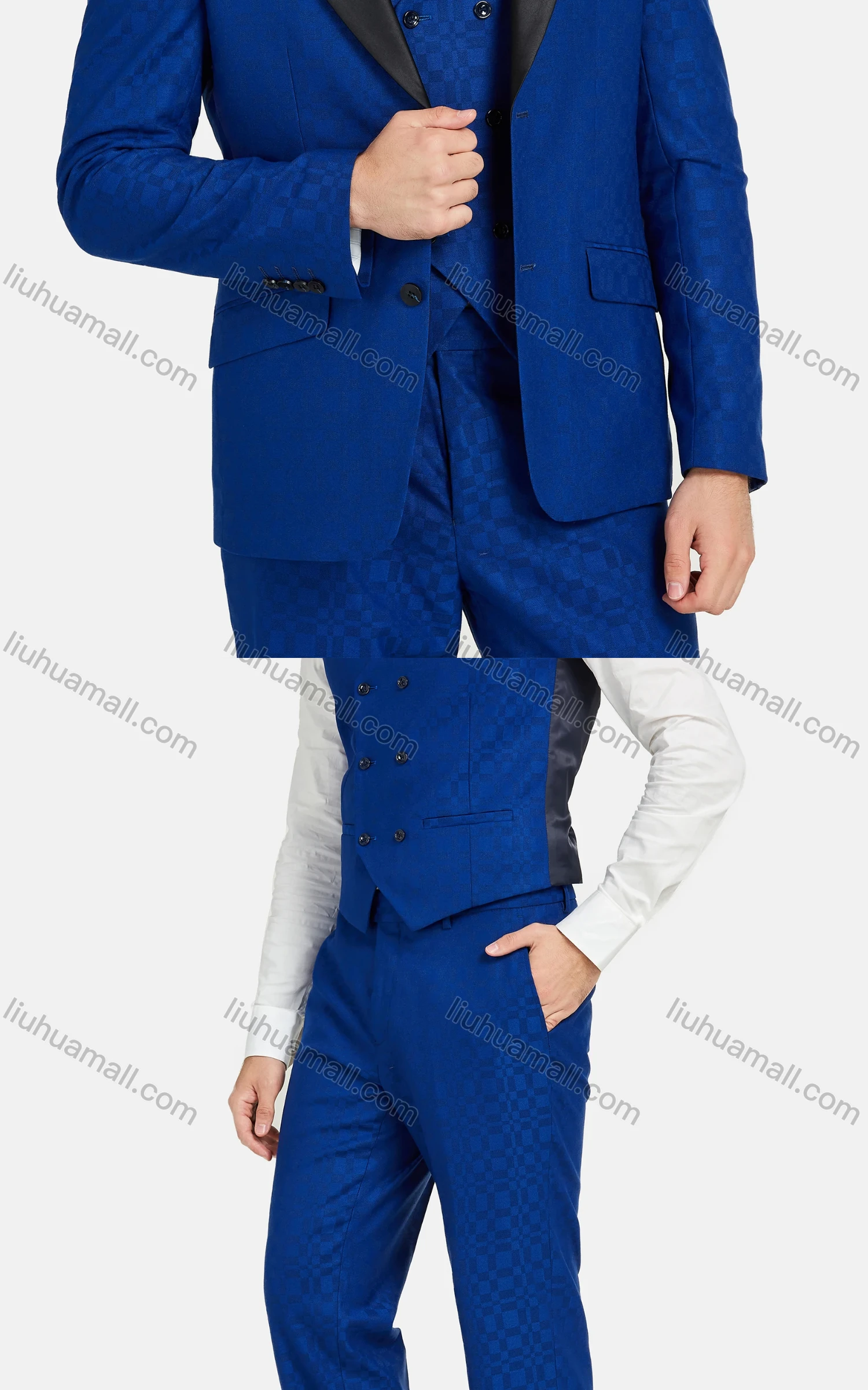 Wholesale Men's Fashion Lapel Plaid Contrast Pockets Blazer & Double Breasted Vest & Pants 3 Piece Sets 1545-0395# - Liuhuamall