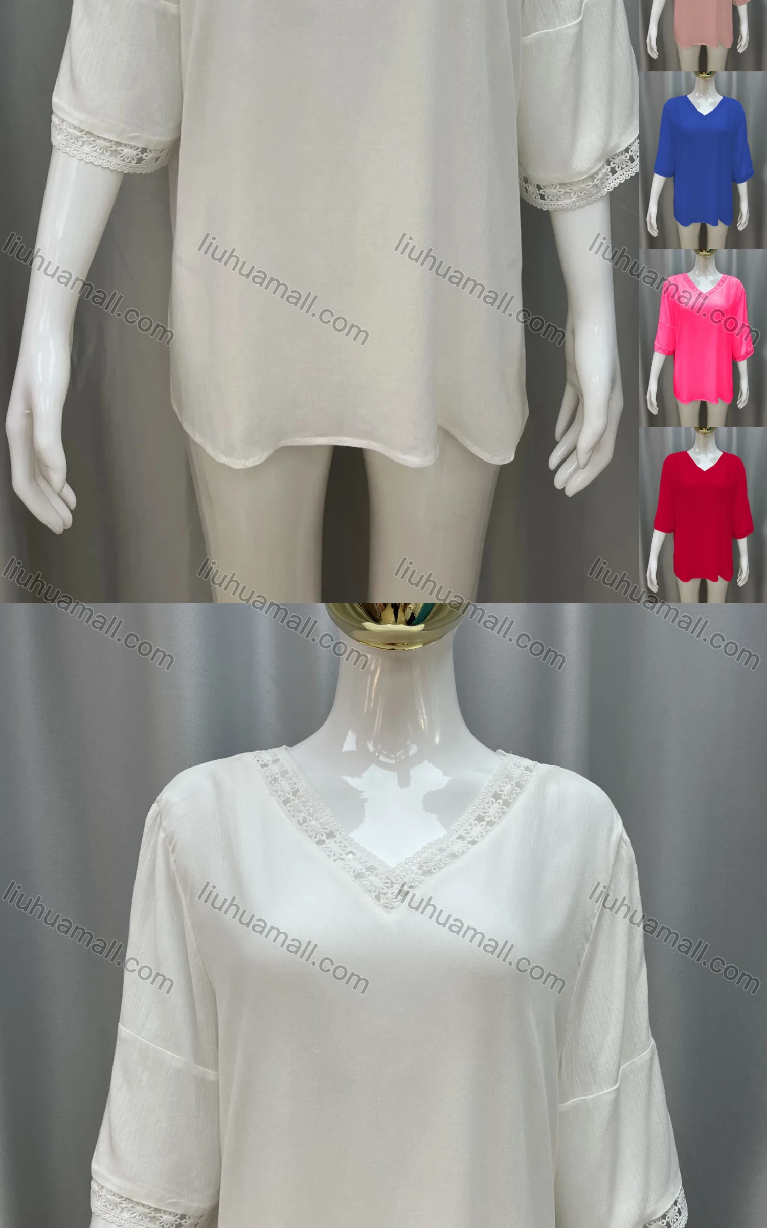 Wholesale Women's V Neck Half Sleeve Guipure Lace Plain Casual Top - Liuhuamall