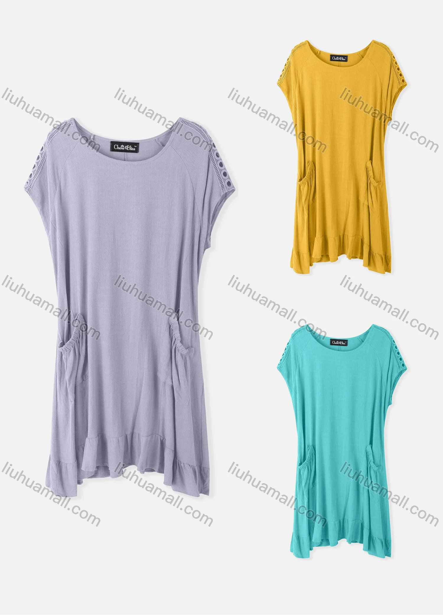 Wholesale Woman's Casual Round Neck Batwing Sleeve Dual Pockets Embroidery Ruffle Hem Plain Dress - Liuhuamall