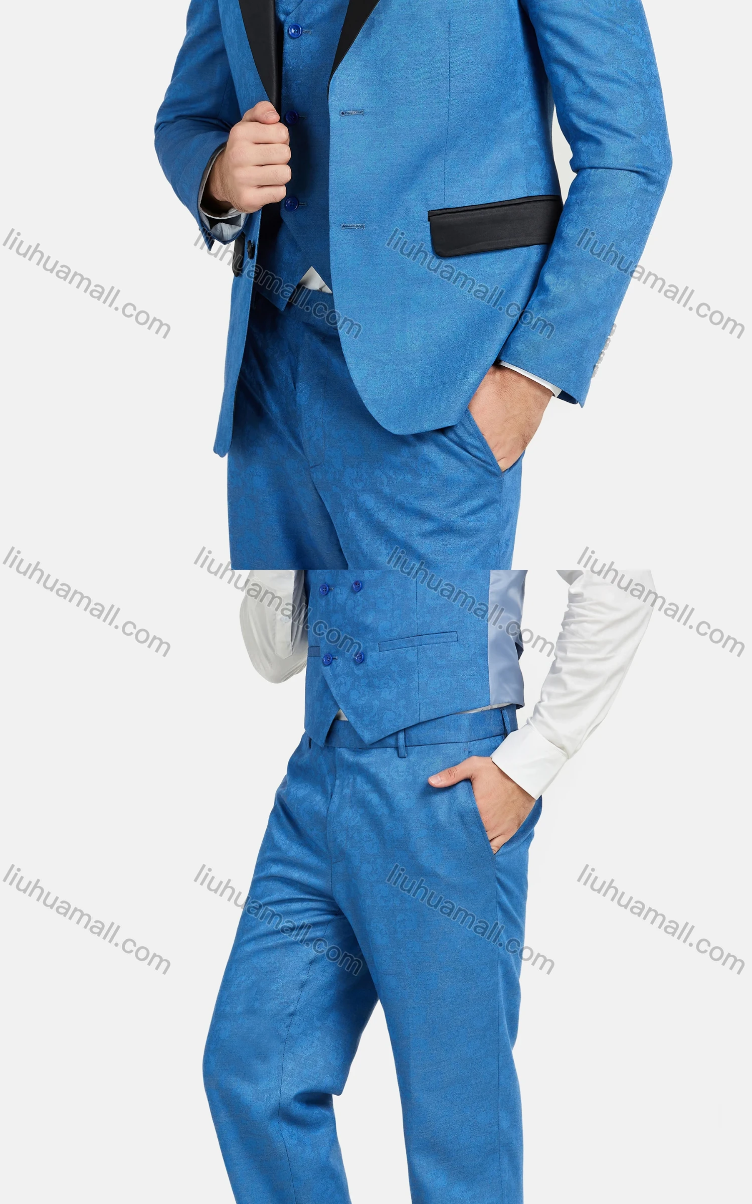 Wholesale Men's Fashion Pockets Lapel Contrast Blazer & Double Breasted Vest & Pants 3 Piece Sets 1545-8884# - Liuhuamall