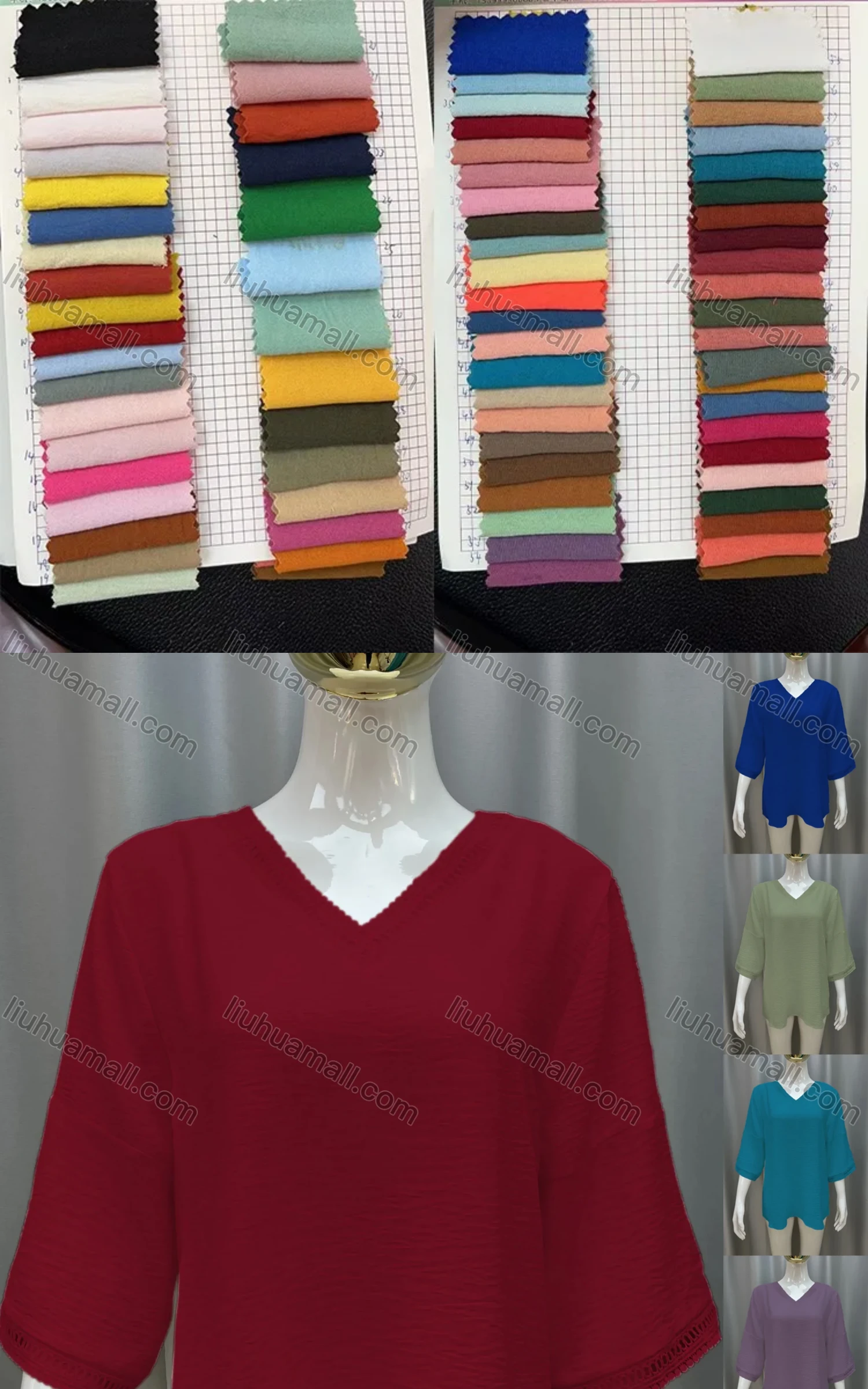 Wholesale Women's V Neck Shirred Guipure Lace Plain Casual Top - Liuhuamall