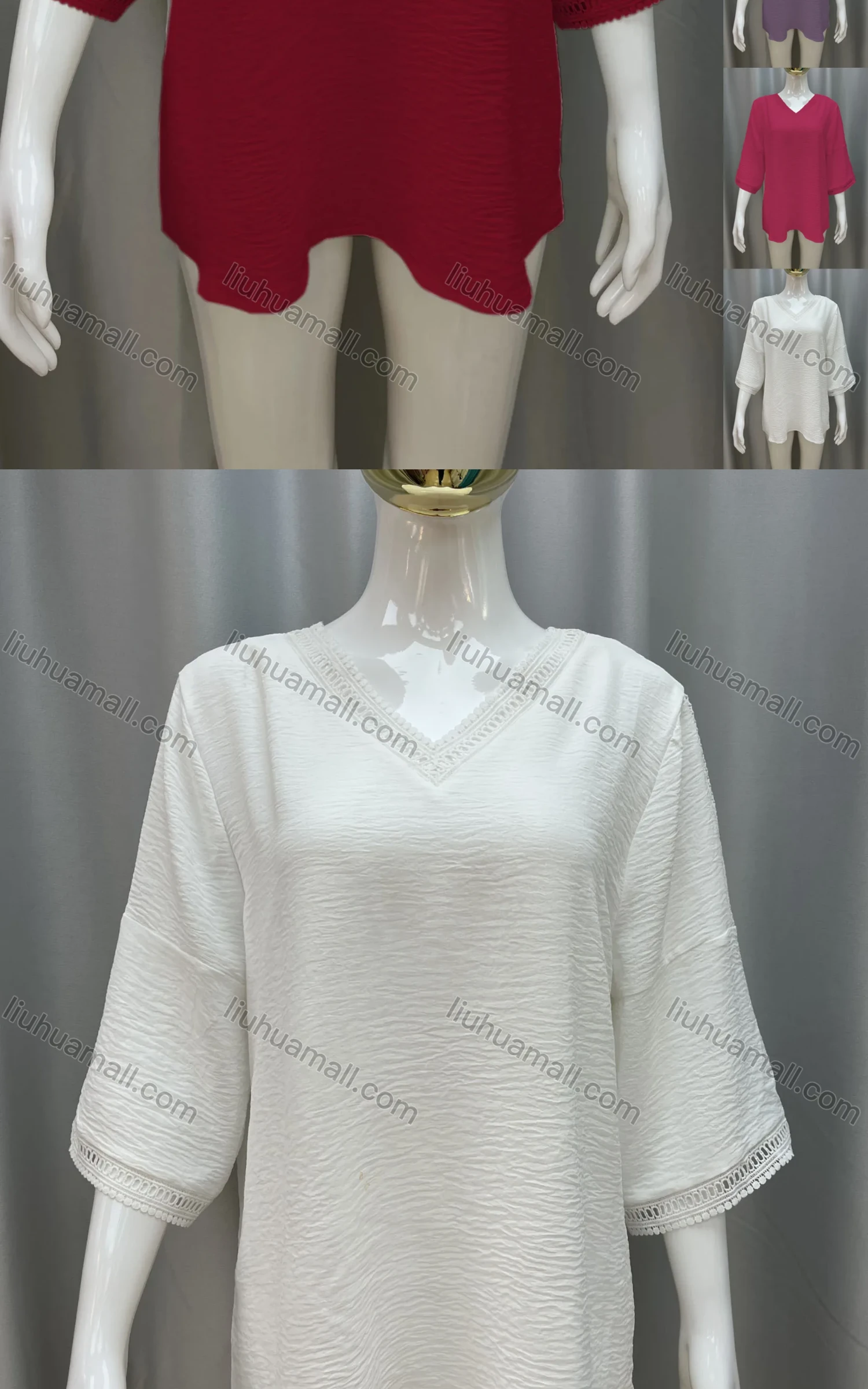 Wholesale Women's V Neck Shirred Guipure Lace Plain Casual Top - Liuhuamall