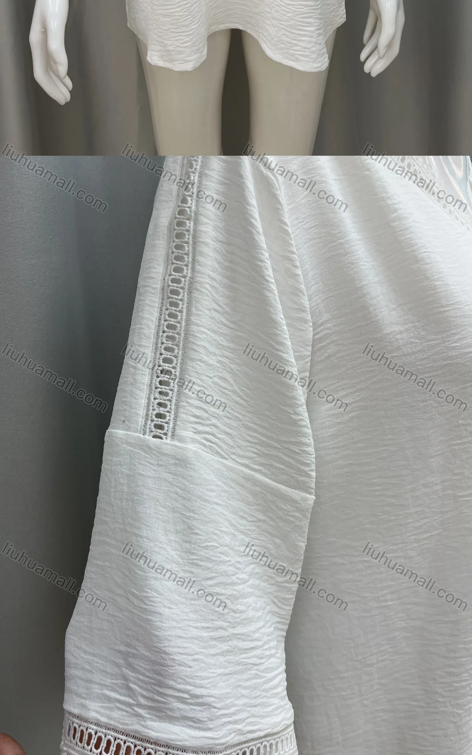 Wholesale Women's V Neck Shirred Guipure Lace Plain Casual Top - Liuhuamall