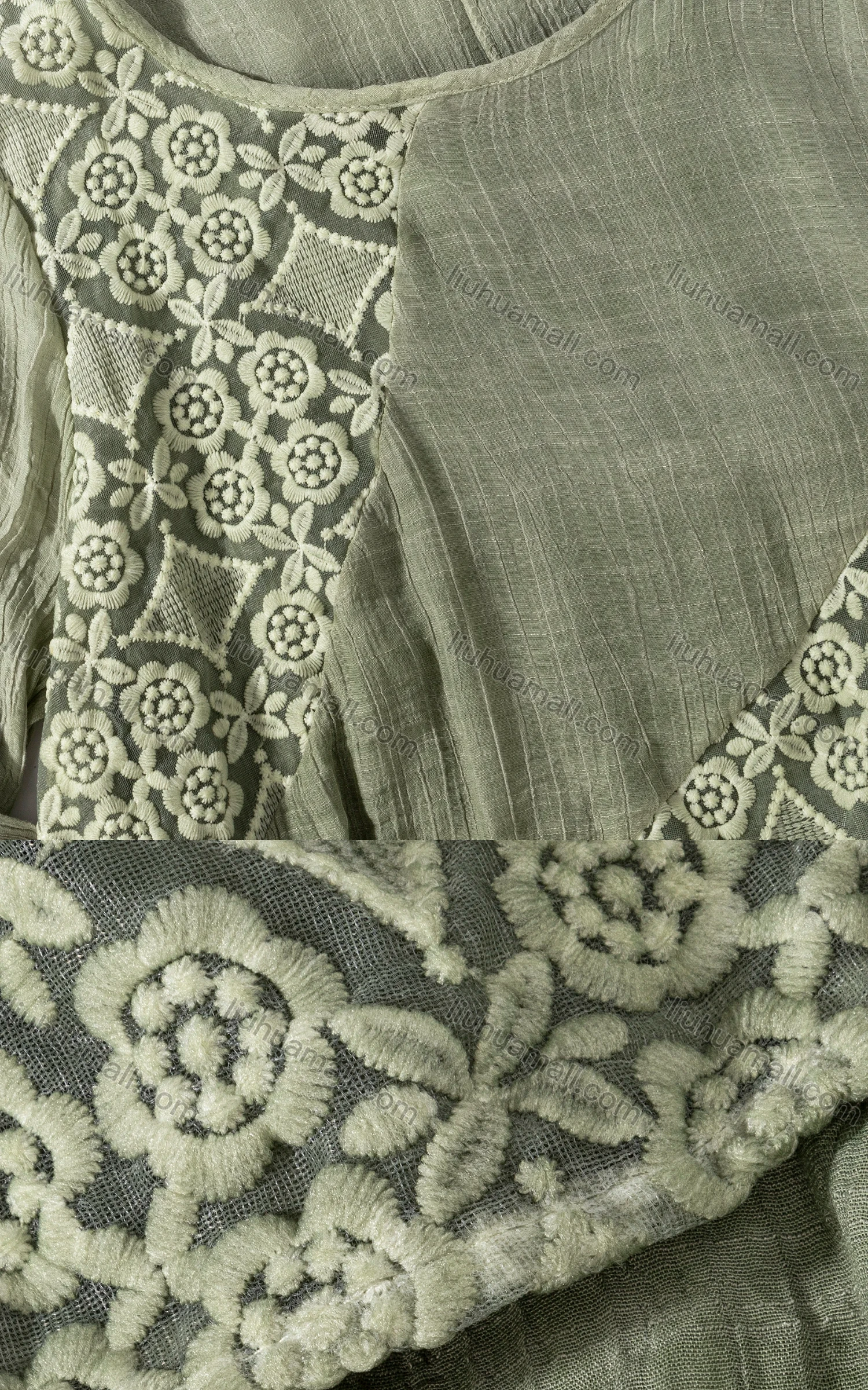 Wholesale Woman's Casual Crew Neck Long Sleeve Splicing Embroidered Floral Print Dress 02# - Liuhuamall