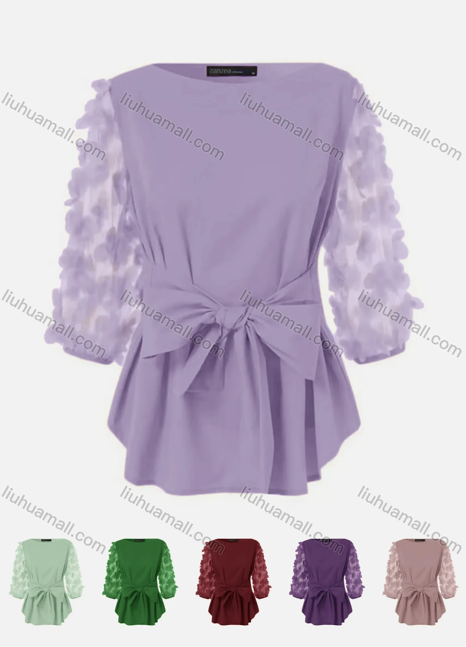 Wholesale Women's Bateau Neck Plain Appliques Bowknot Tie Front Causal Top A3# - Liuhuamall