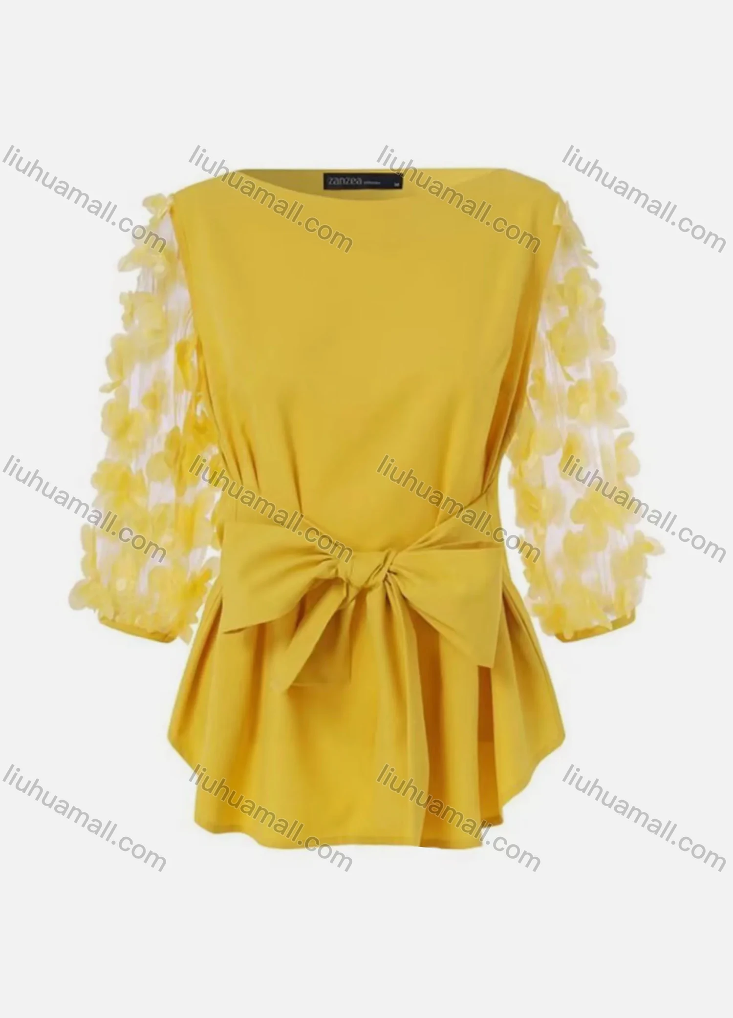Wholesale Women's Bateau Neck Plain Appliques Bowknot Tie Front Causal Top A3# - Liuhuamall