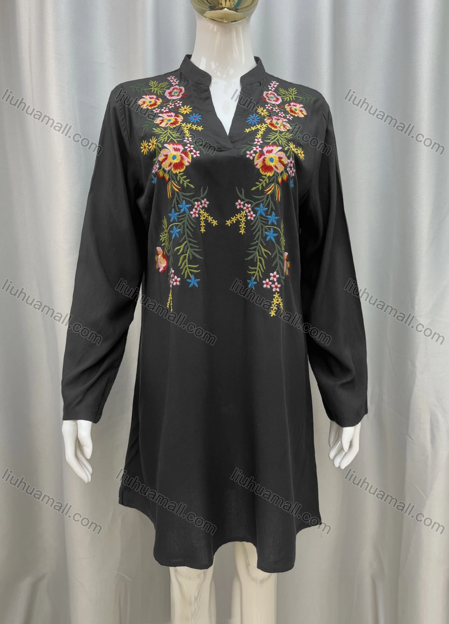Wholesale Women's Casual Notched Collar Embroidered Long Sleeve Short Dress - Liuhuamall