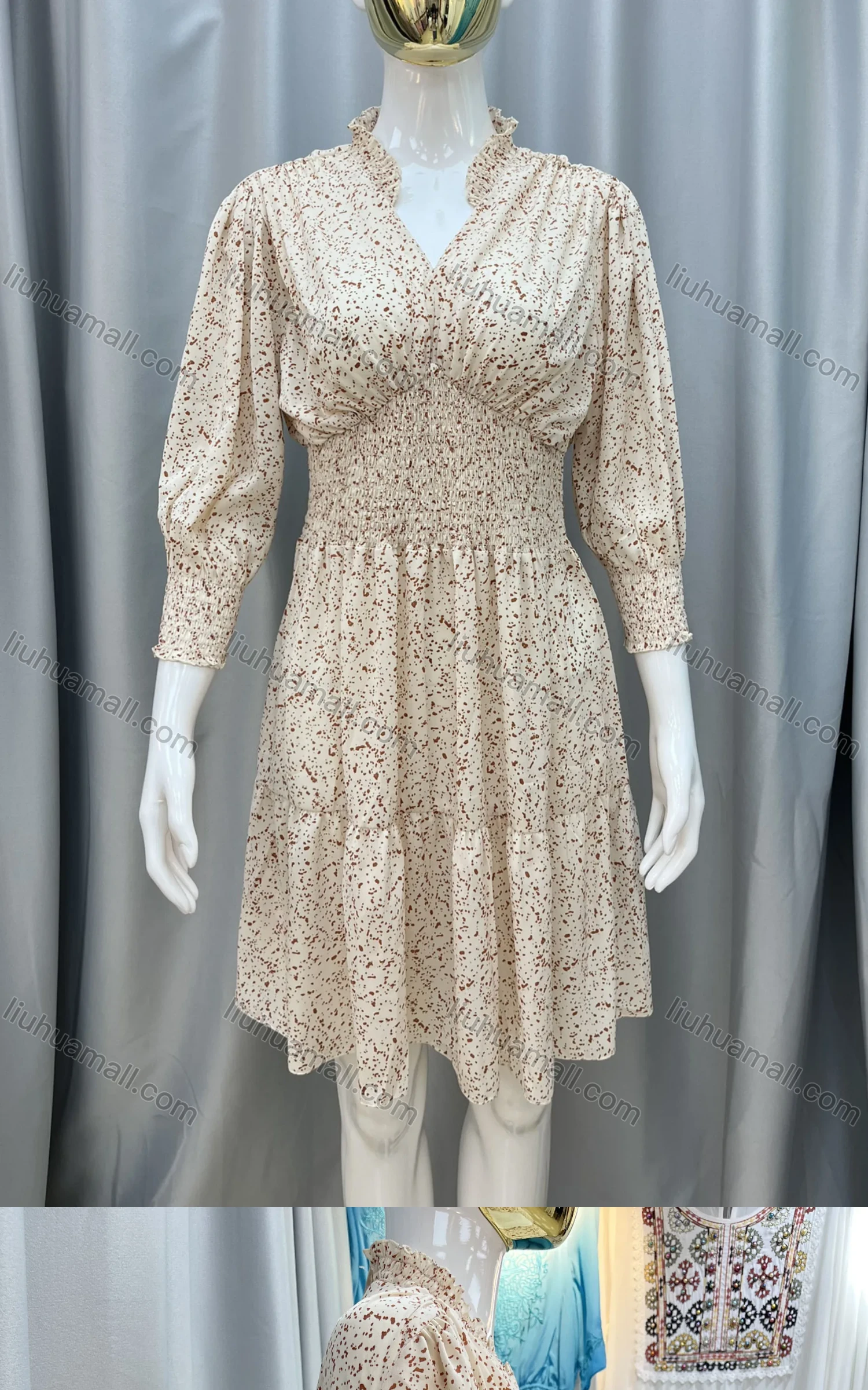 Wholesale Women's Casual Shirred 3/4 Sleeve Allover Print Short Dress - Liuhuamall