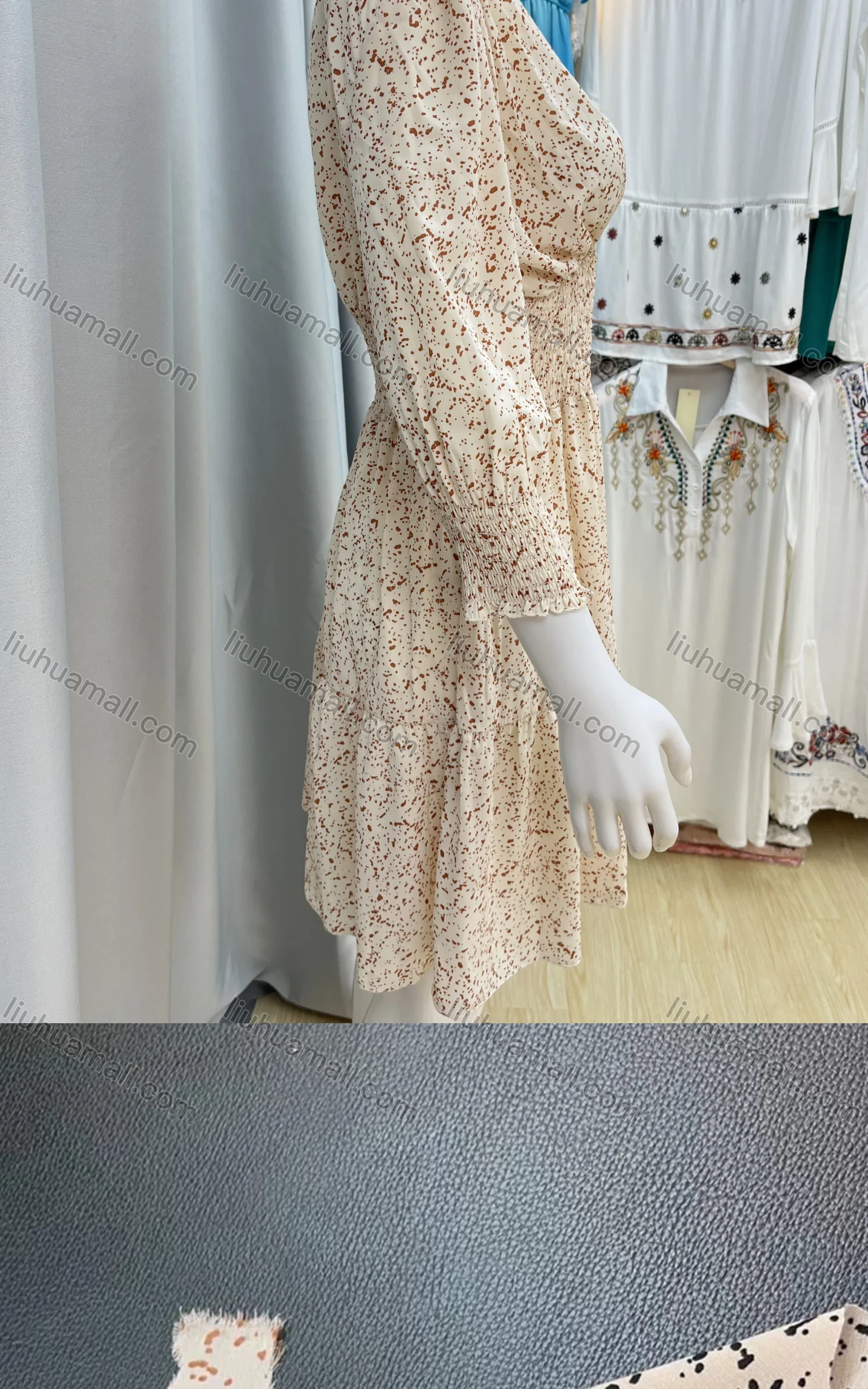 Wholesale Women's Casual Shirred 3/4 Sleeve Allover Print Short Dress - Liuhuamall