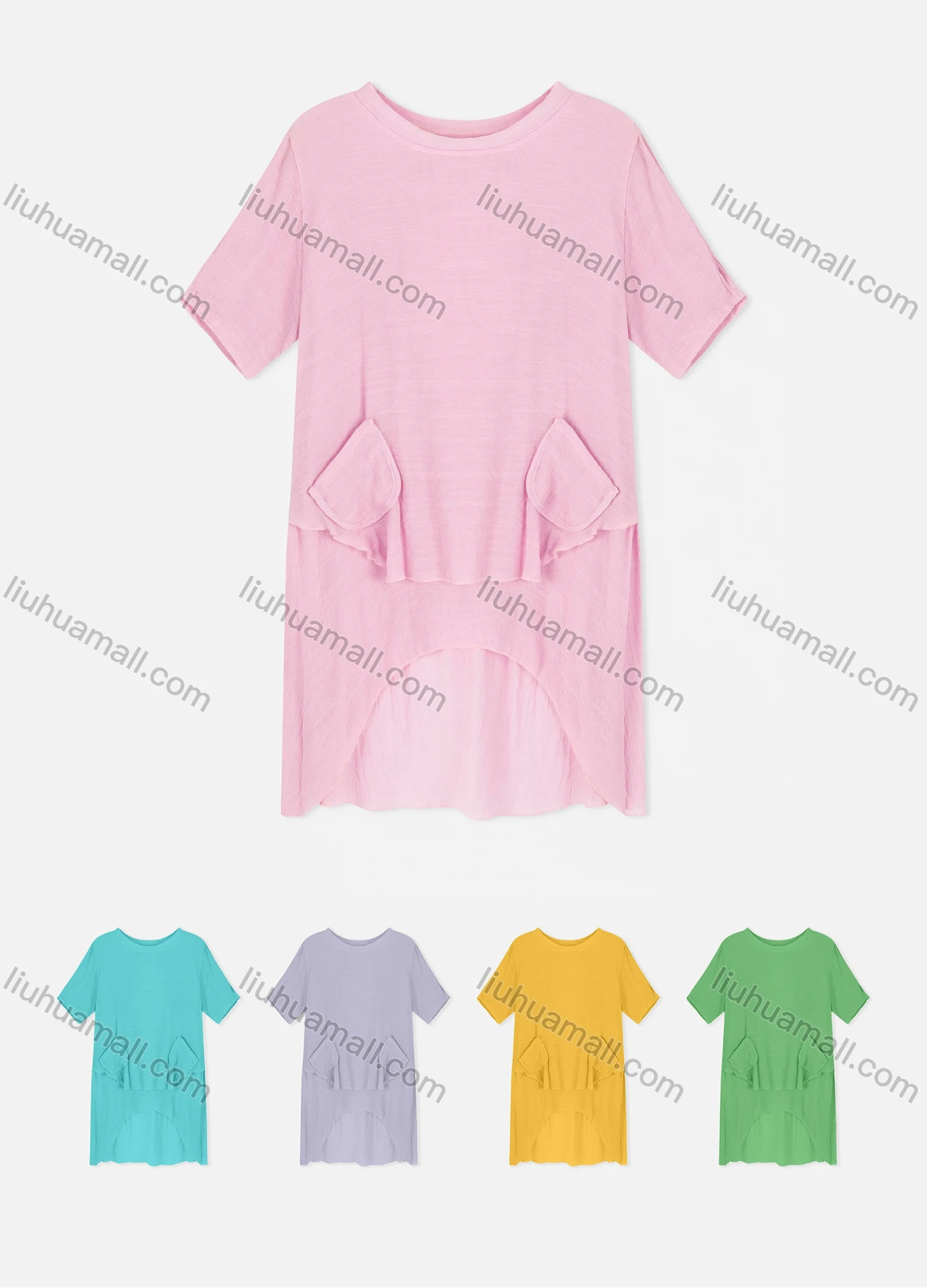 Wholesale Woman's Casual Round Neck Short Sleeve Dual Pockets Tiered Plain Tunic - Liuhuamall