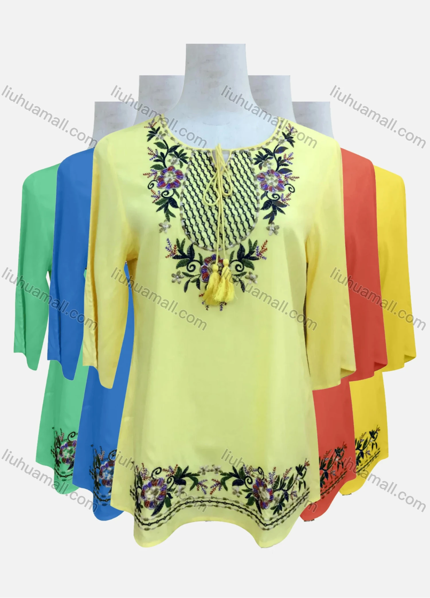 Wholesale Women's Casual Floral Embroidery 3/4 Sleeve Tie Neck Tunic - Liuhuamall