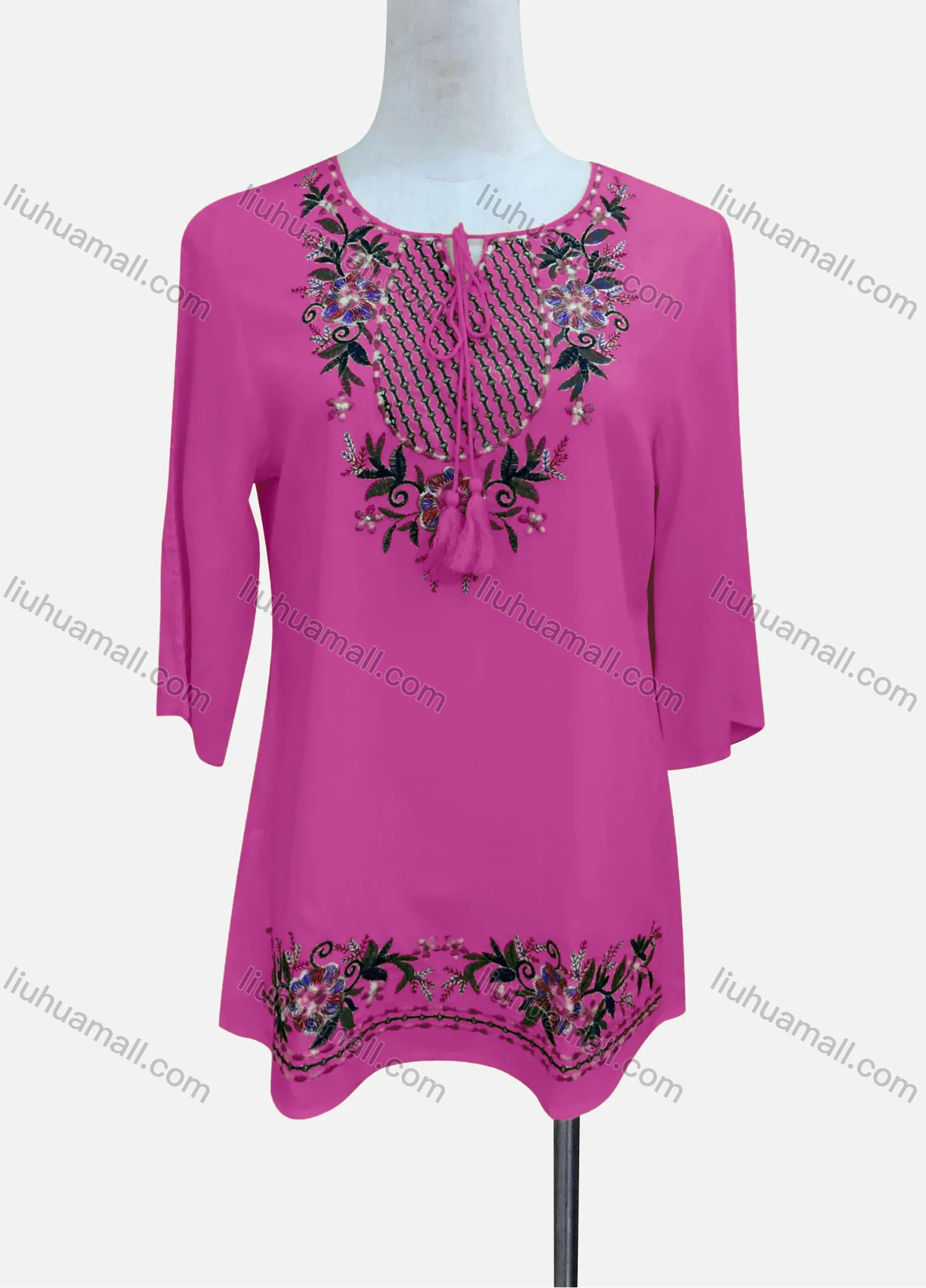 Wholesale Women's Casual Floral Embroidery 3/4 Sleeve Tie Neck Tunic - Liuhuamall