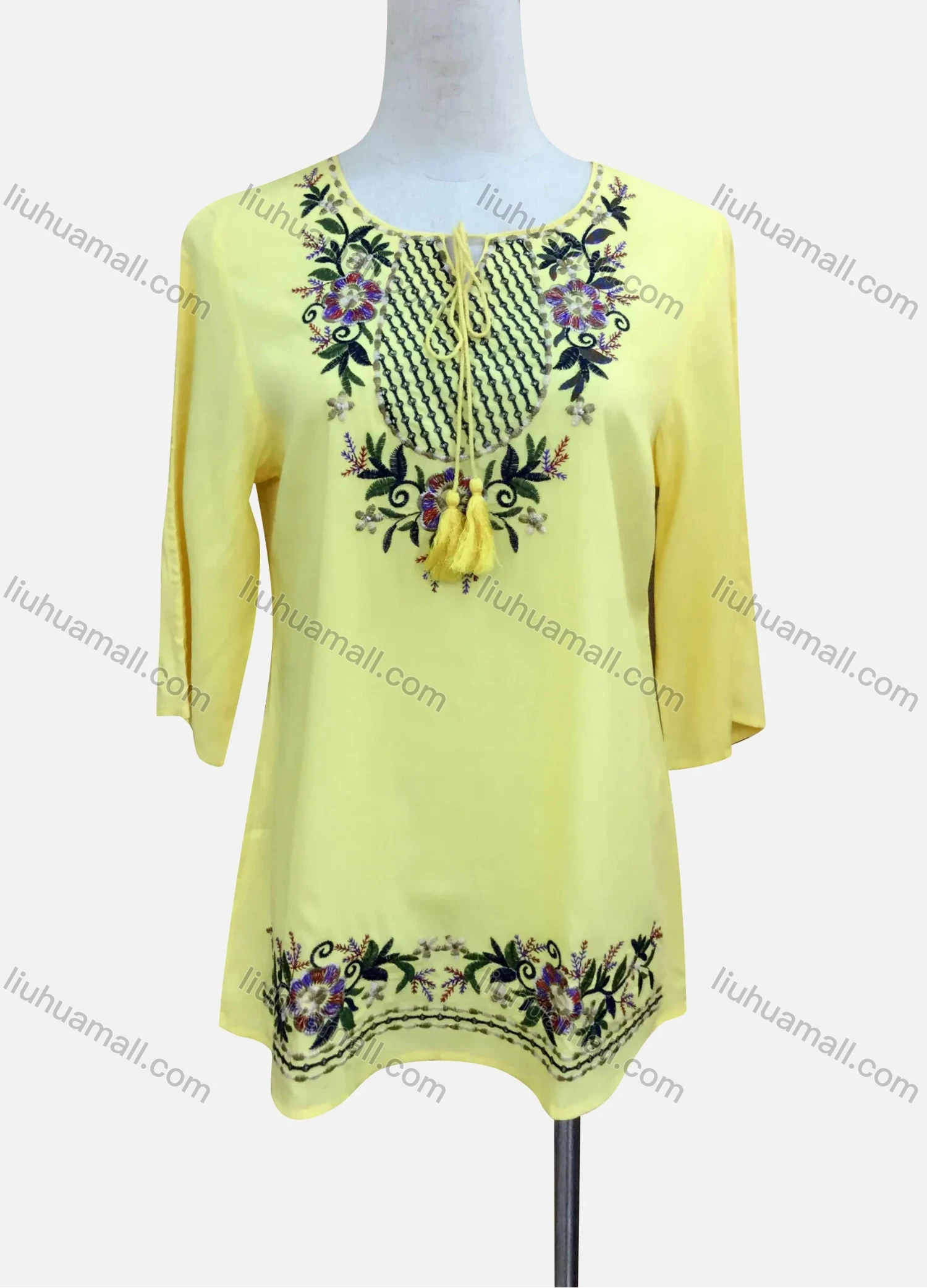 Wholesale Women's Casual Floral Embroidery 3/4 Sleeve Tie Neck Tunic - Liuhuamall