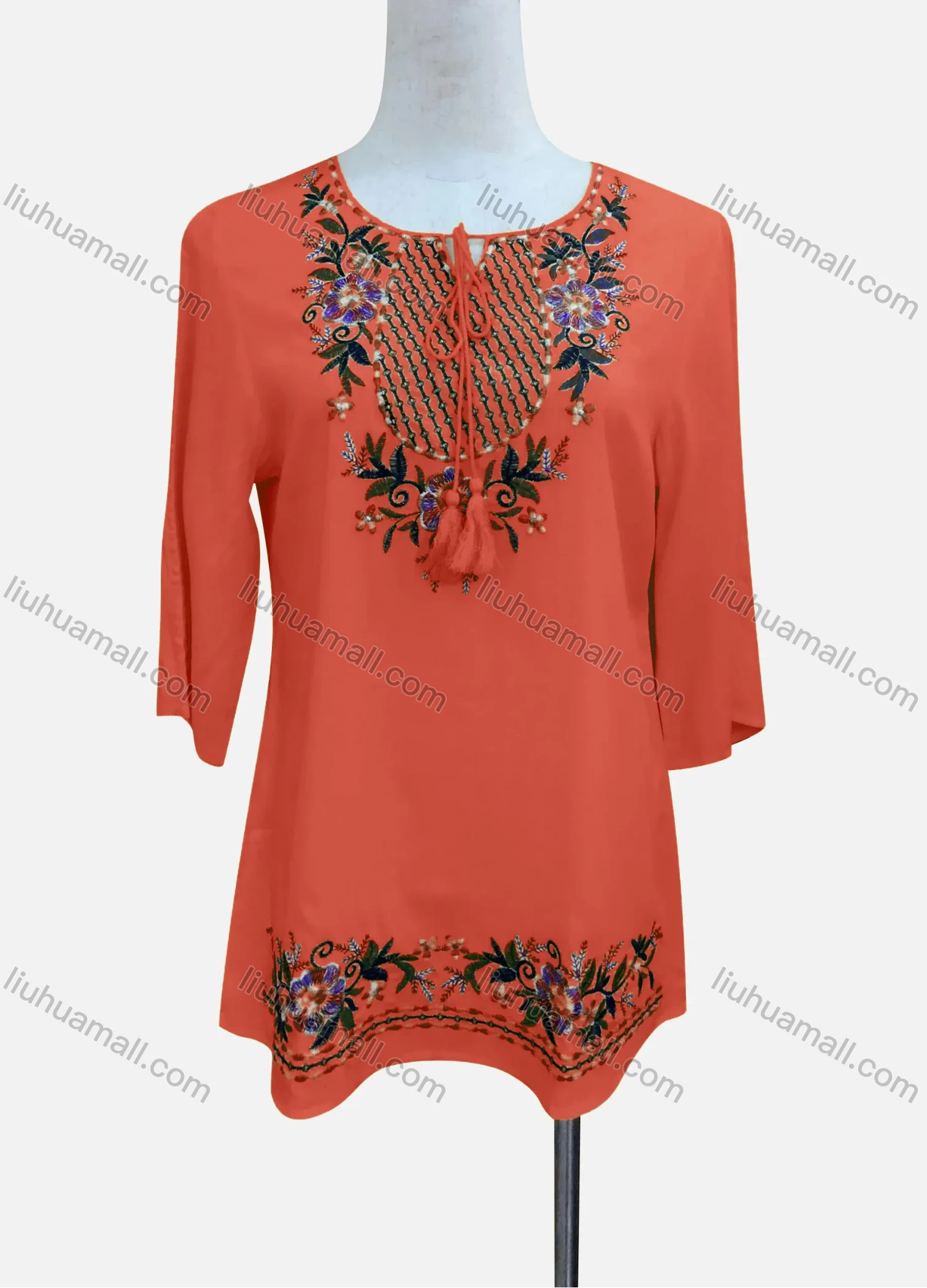 Wholesale Women's Casual Floral Embroidery 3/4 Sleeve Tie Neck Tunic - Liuhuamall