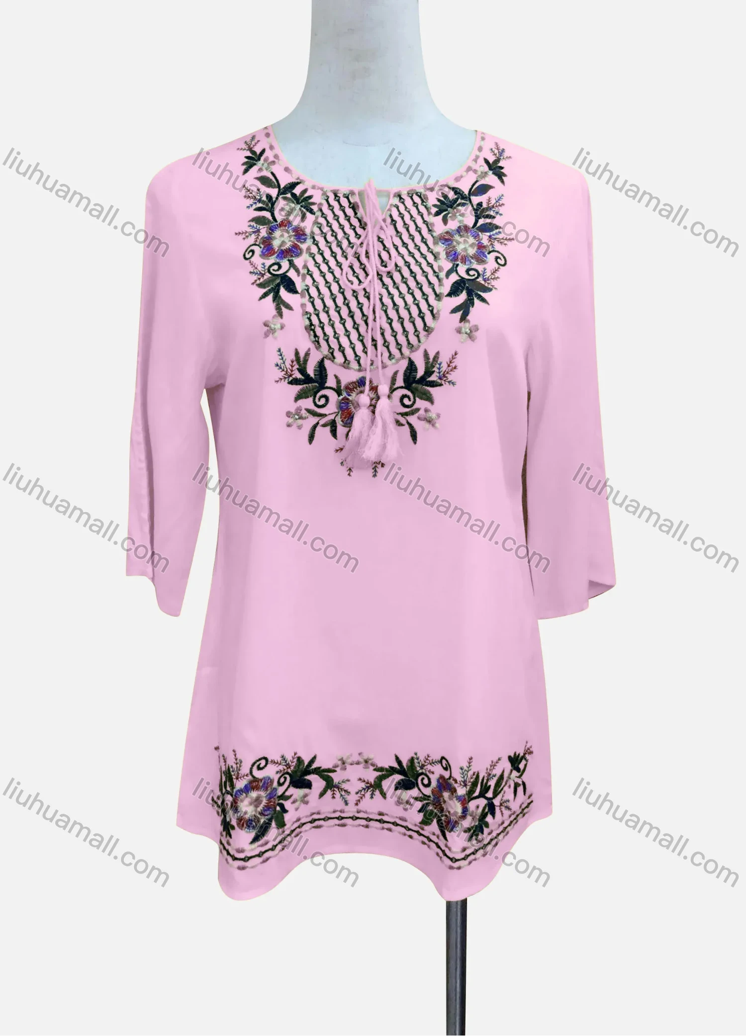 Wholesale Women's Casual Floral Embroidery 3/4 Sleeve Tie Neck Tunic - Liuhuamall