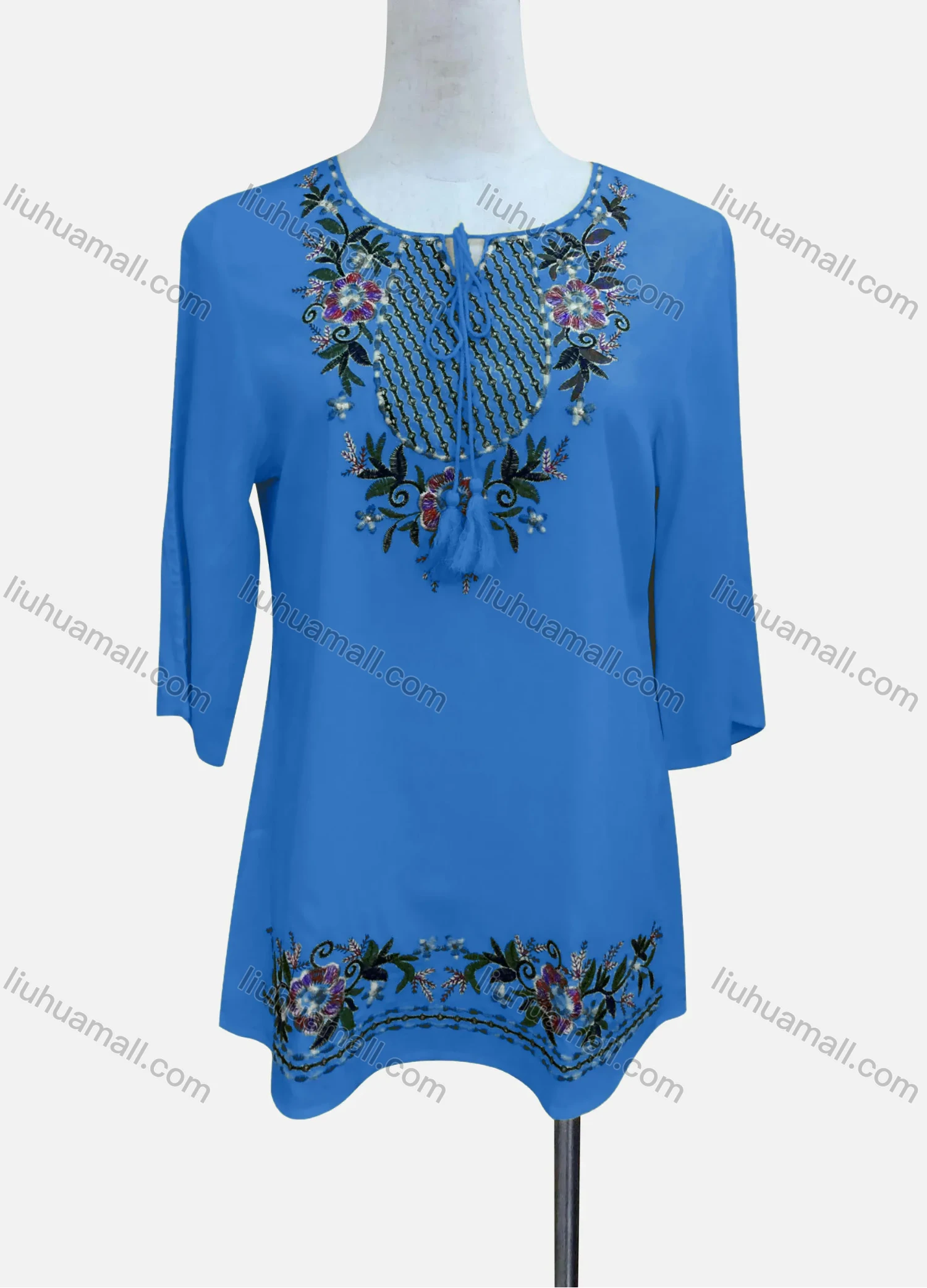 Wholesale Women's Casual Floral Embroidery 3/4 Sleeve Tie Neck Tunic - Liuhuamall