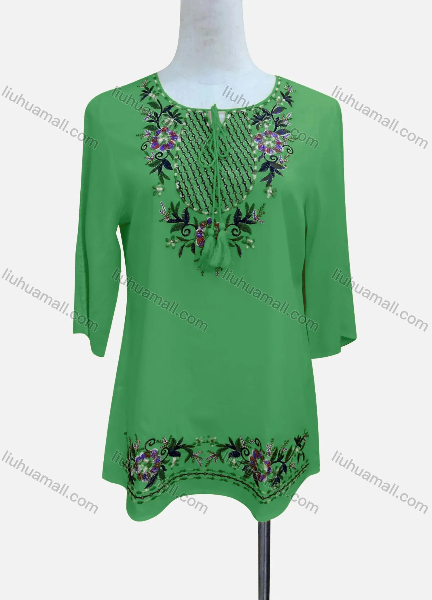Wholesale Women's Casual Floral Embroidery 3/4 Sleeve Tie Neck Tunic - Liuhuamall