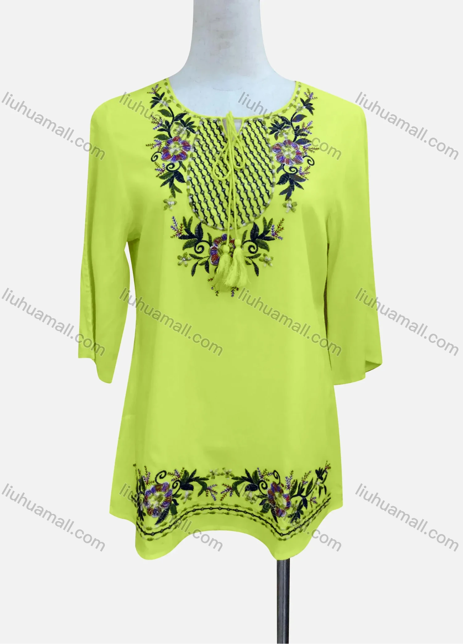 Wholesale Women's Casual Floral Embroidery 3/4 Sleeve Tie Neck Tunic - Liuhuamall