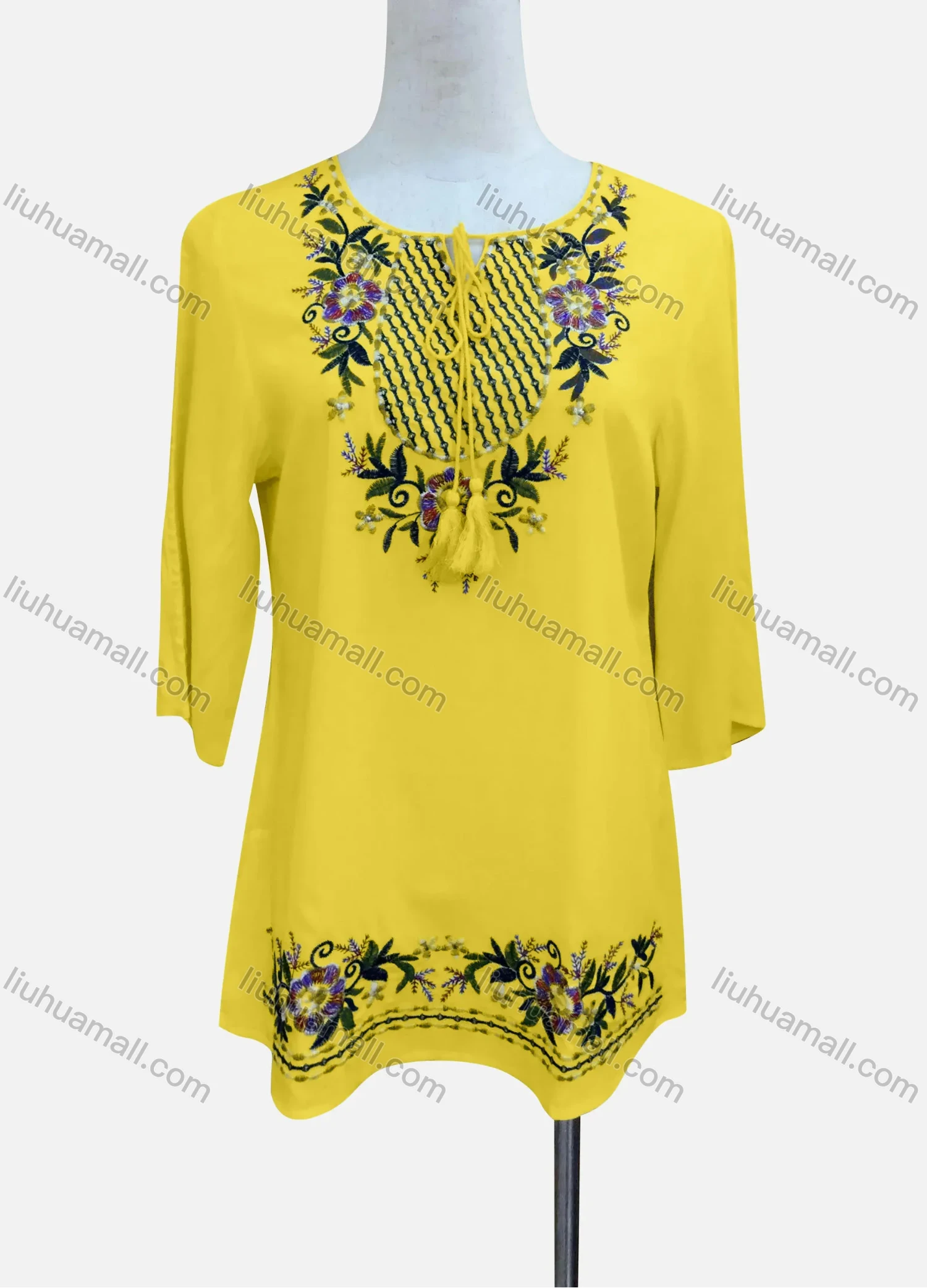 Wholesale Women's Casual Floral Embroidery 3/4 Sleeve Tie Neck Tunic - Liuhuamall