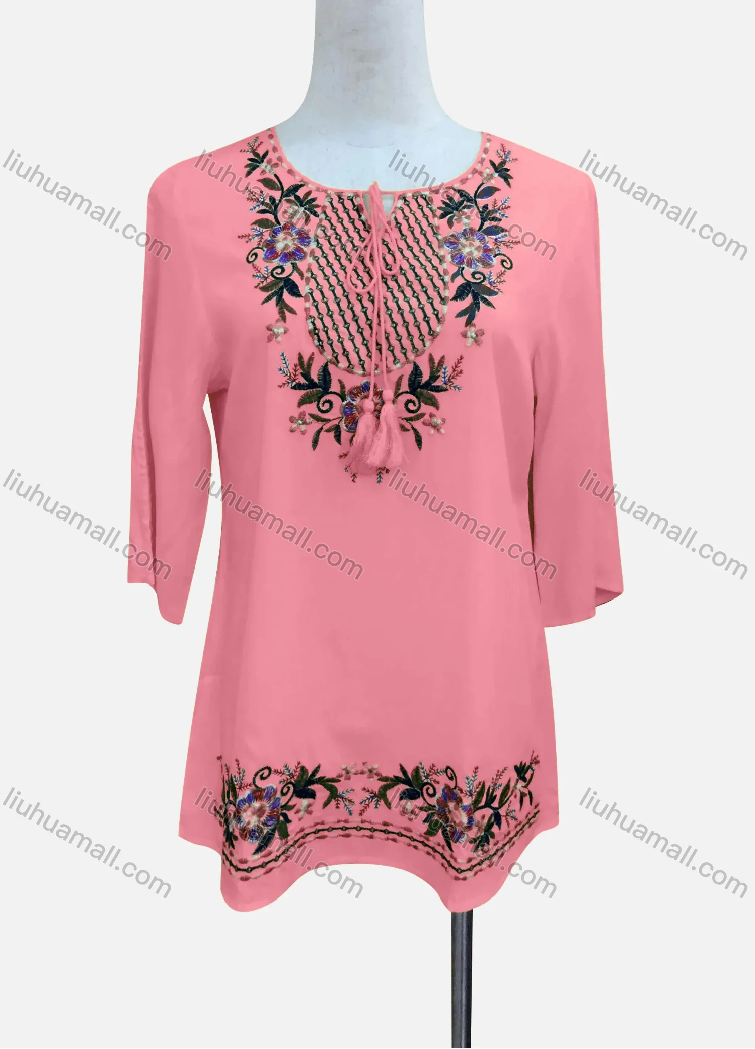 Wholesale Women's Casual Floral Embroidery 3/4 Sleeve Tie Neck Tunic - Liuhuamall
