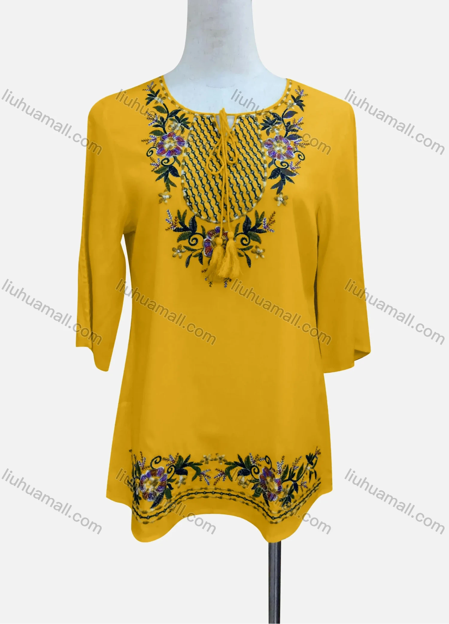 Wholesale Women's Casual Floral Embroidery 3/4 Sleeve Tie Neck Tunic - Liuhuamall