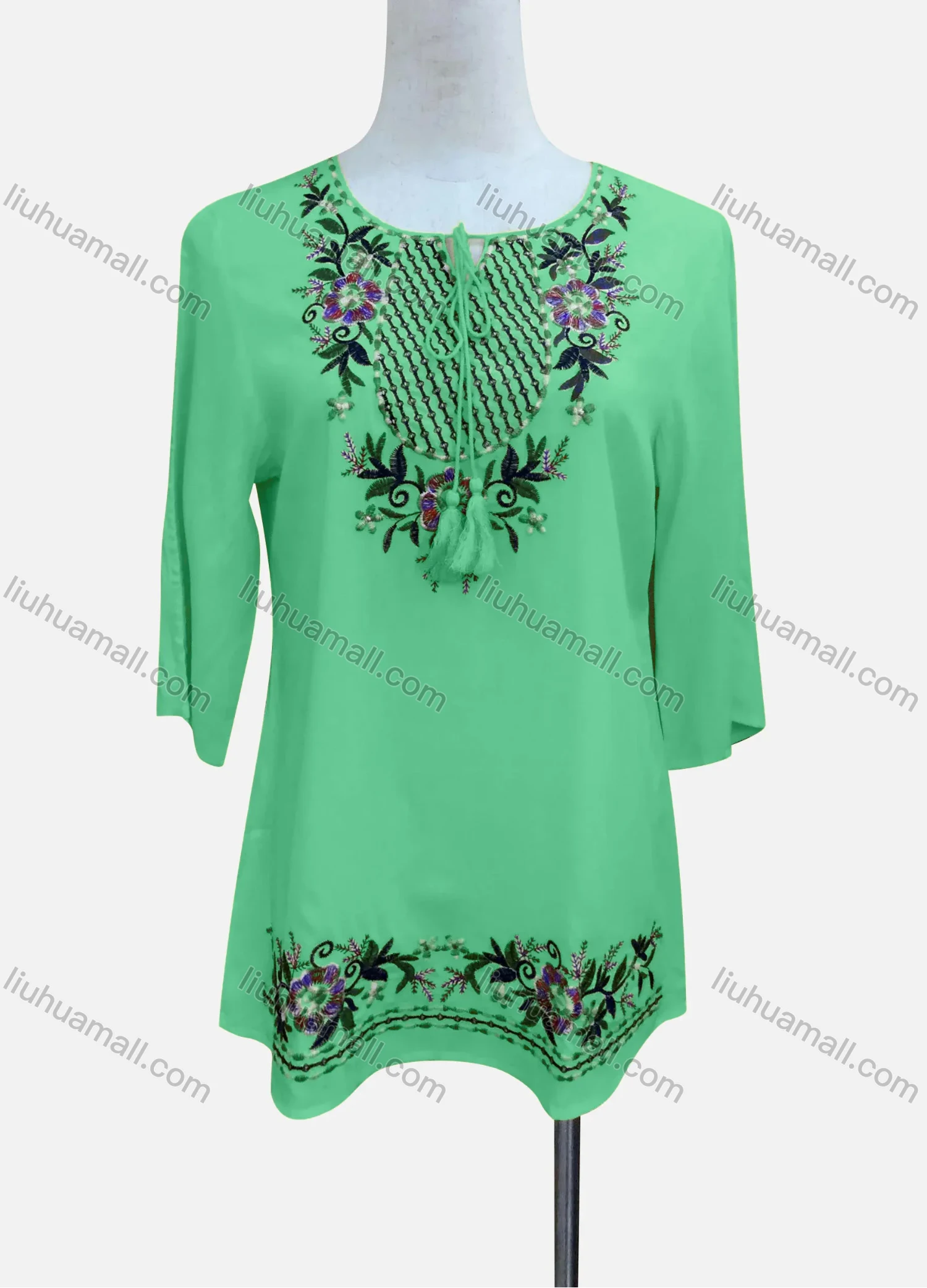 Wholesale Women's Casual Floral Embroidery 3/4 Sleeve Tie Neck Tunic - Liuhuamall