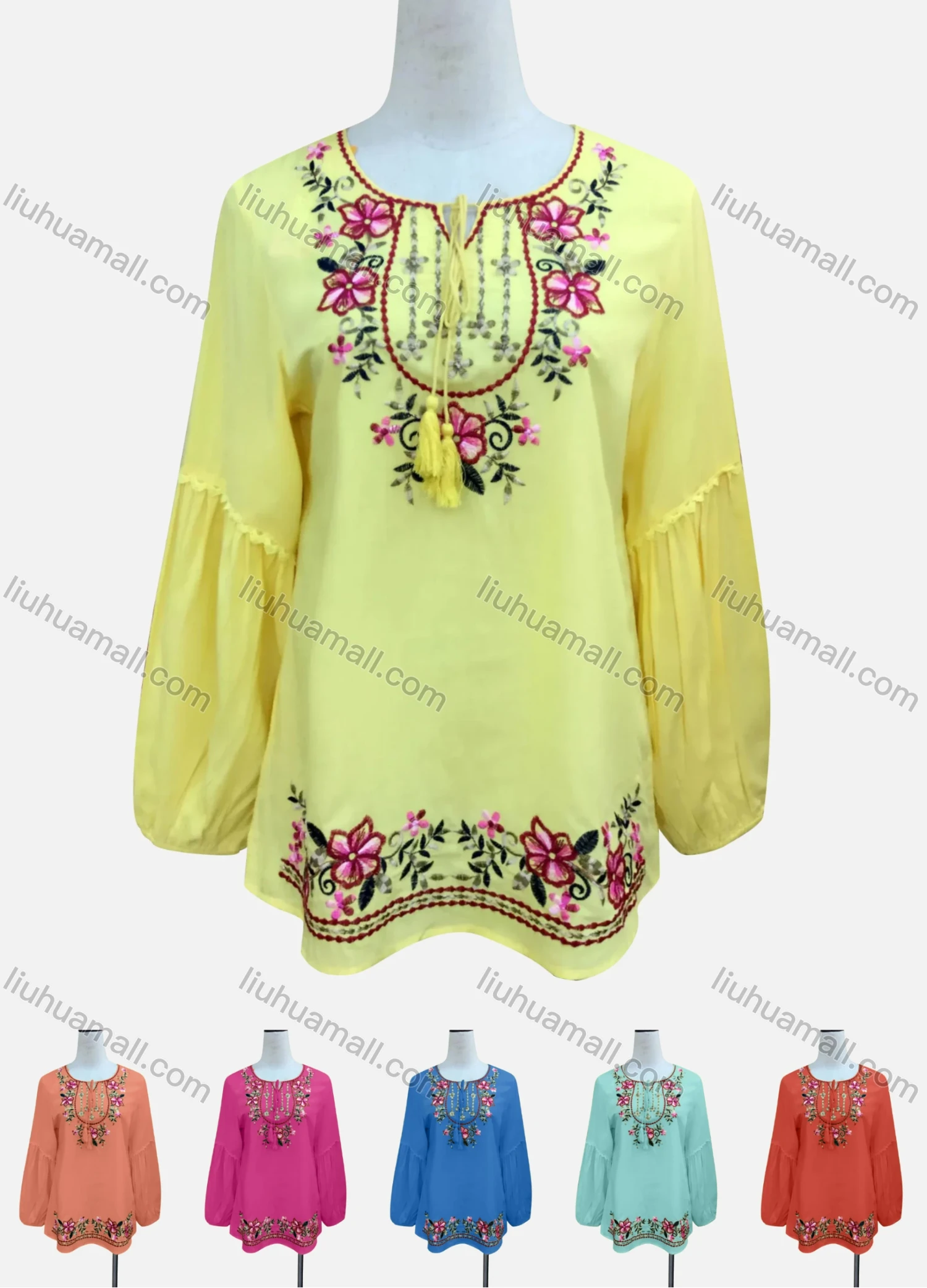 Wholesale Women's Casual Floral Embroidery Splicing Long Sleeve Tie Neck Blouse - Liuhuamall