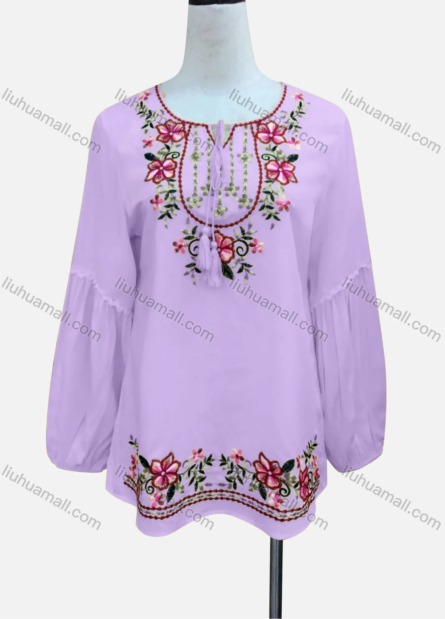 Wholesale Women's Casual Floral Embroidery Splicing Long Sleeve Tie Neck Blouse - Liuhuamall