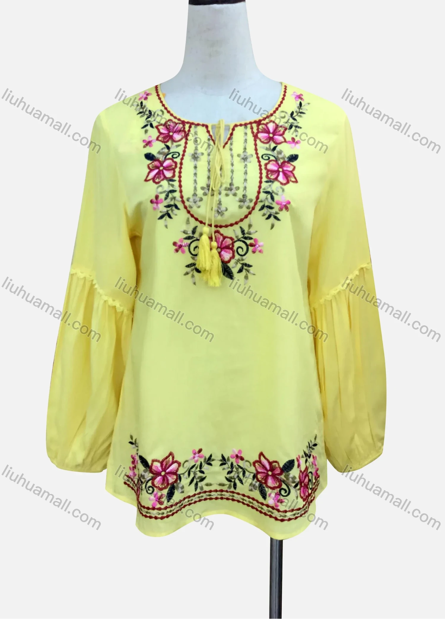 Wholesale Women's Casual Floral Embroidery Splicing Long Sleeve Tie Neck Blouse - Liuhuamall