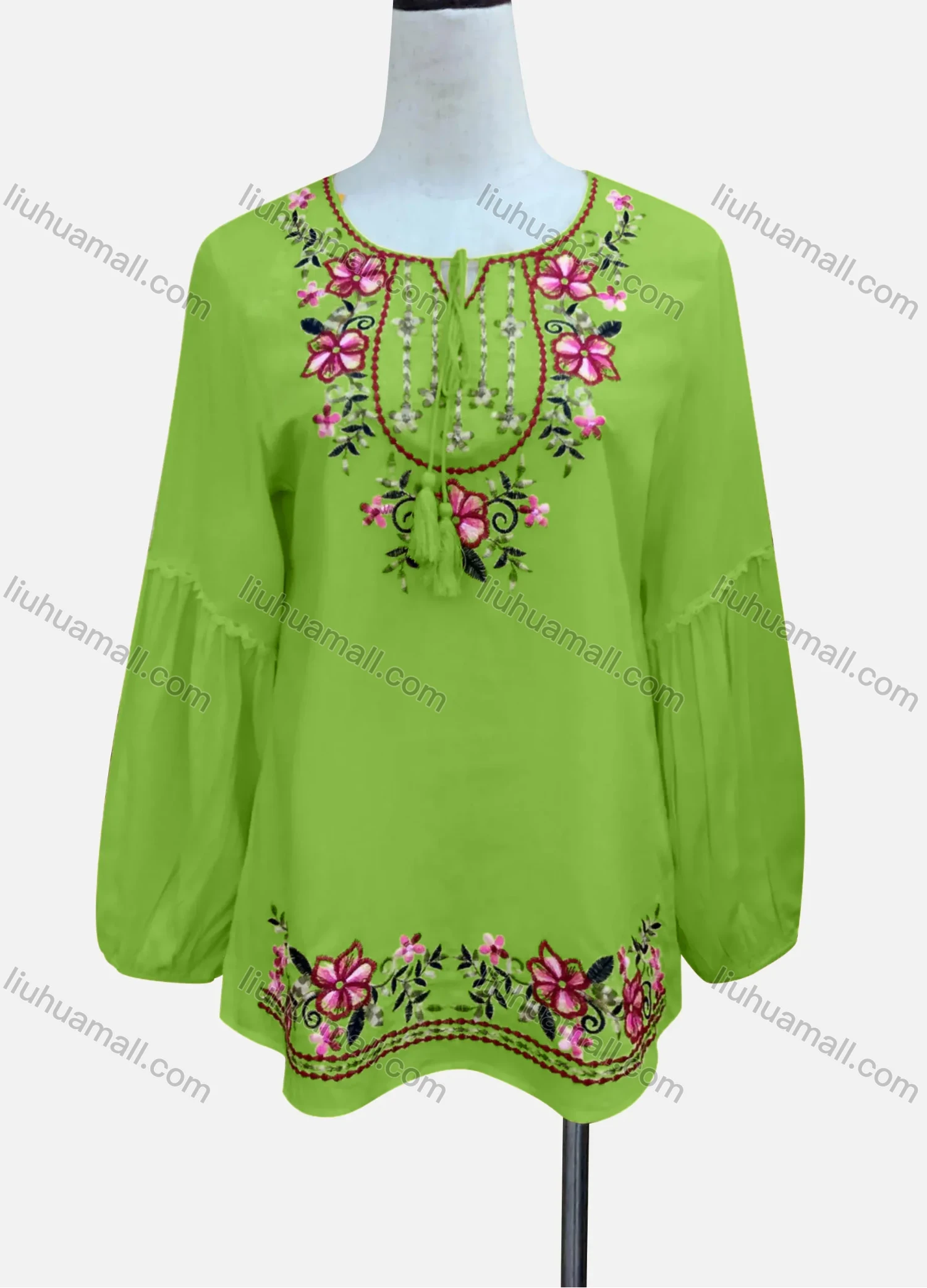 Wholesale Women's Casual Floral Embroidery Splicing Long Sleeve Tie Neck Blouse - Liuhuamall