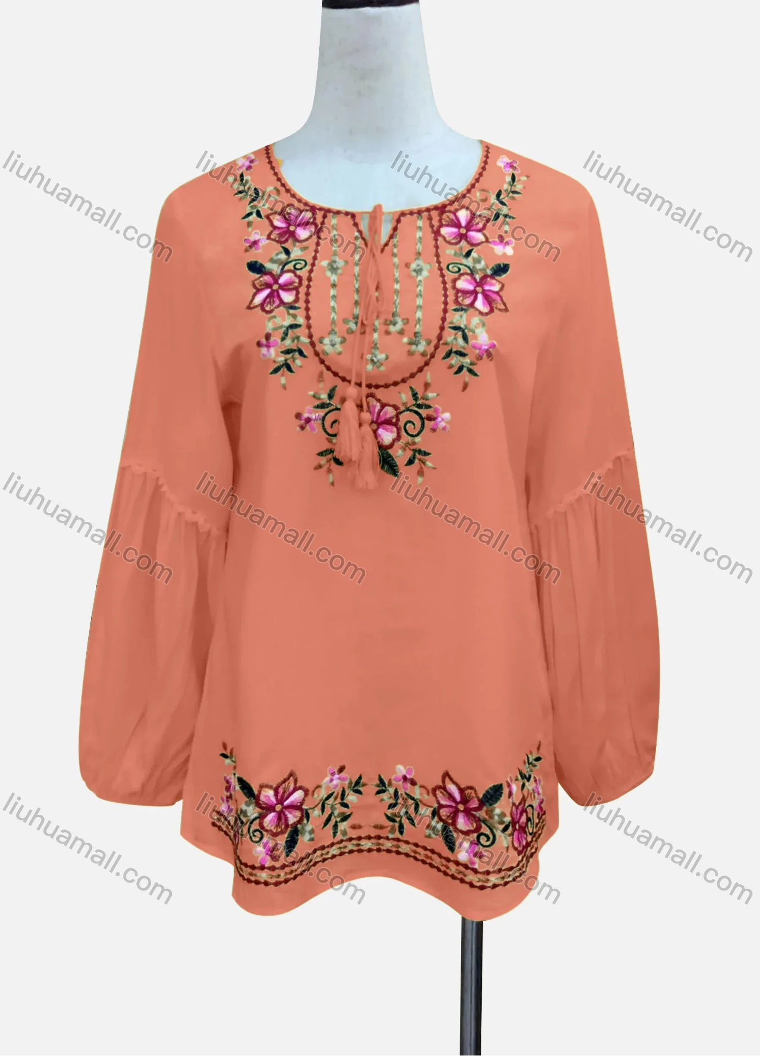 Wholesale Women's Casual Floral Embroidery Splicing Long Sleeve Tie Neck Blouse - Liuhuamall