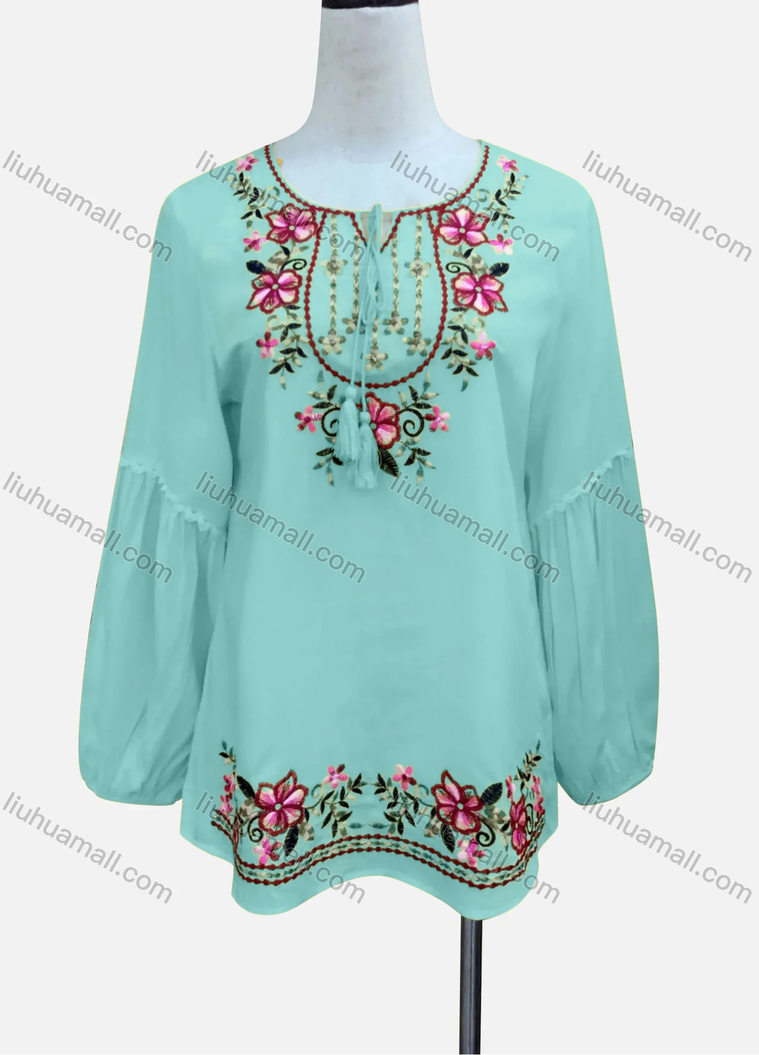 Wholesale Women's Casual Floral Embroidery Splicing Long Sleeve Tie Neck Blouse - Liuhuamall