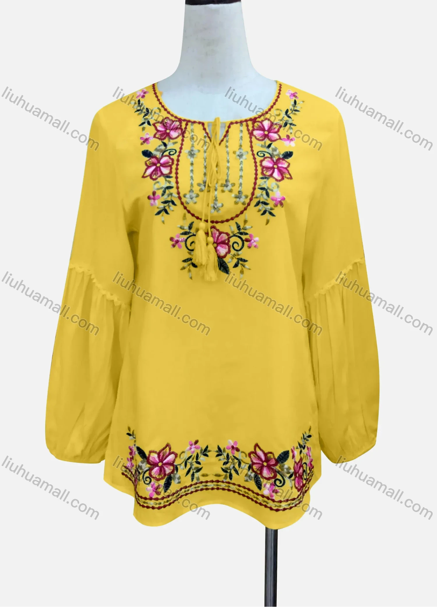 Wholesale Women's Casual Floral Embroidery Splicing Long Sleeve Tie Neck Blouse - Liuhuamall