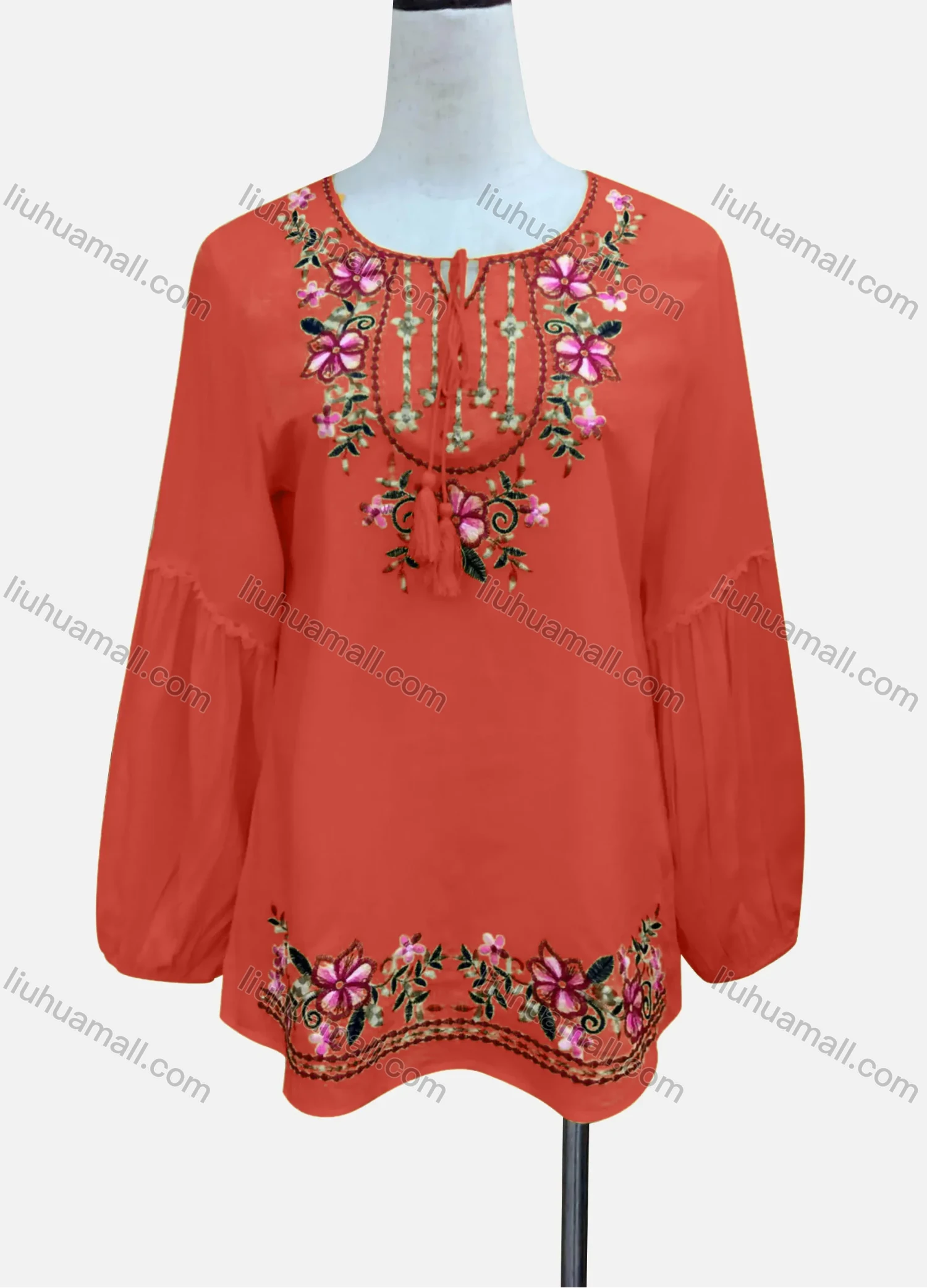 Wholesale Women's Casual Floral Embroidery Splicing Long Sleeve Tie Neck Blouse - Liuhuamall