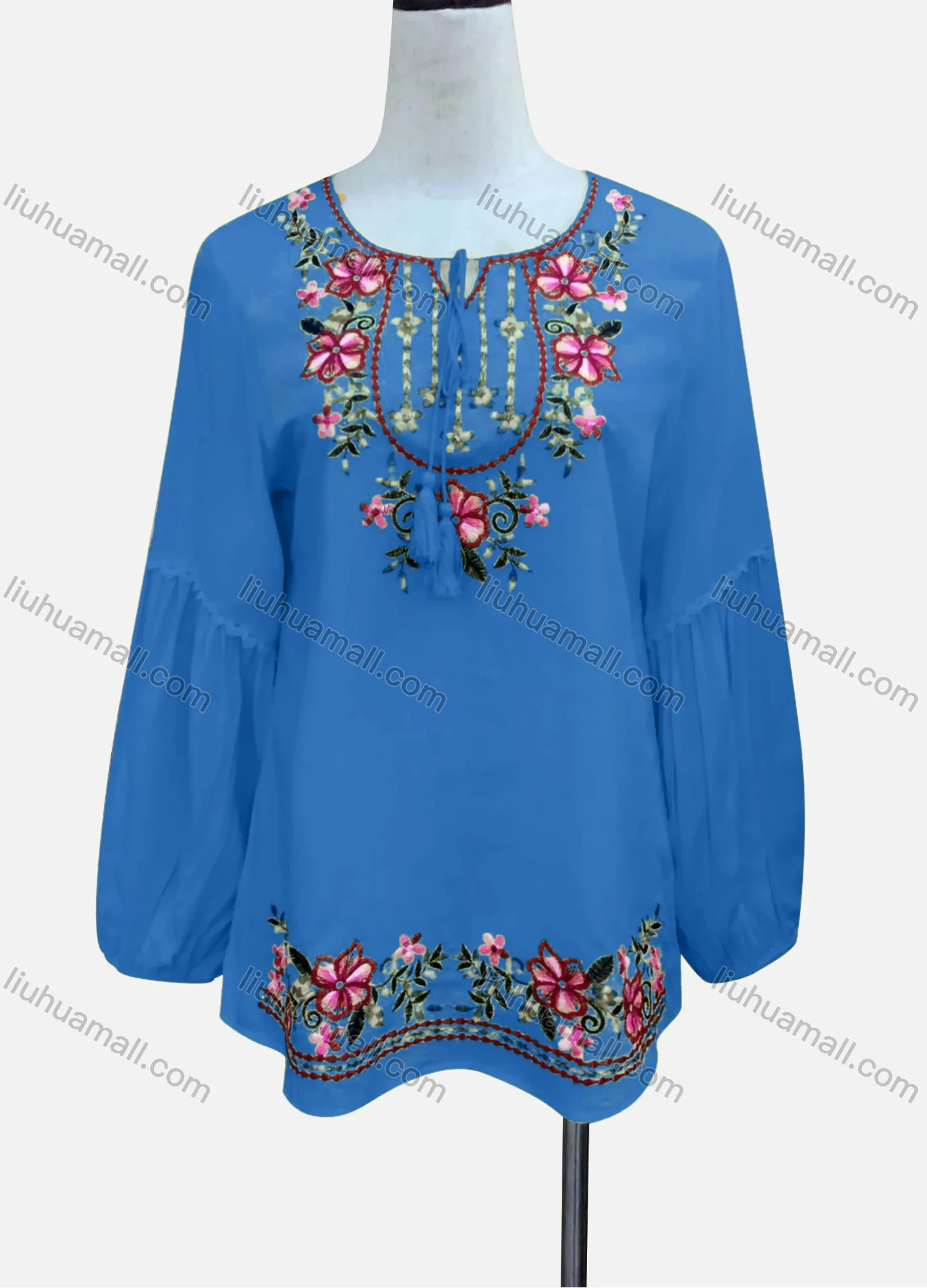 Wholesale Women's Casual Floral Embroidery Splicing Long Sleeve Tie Neck Blouse - Liuhuamall
