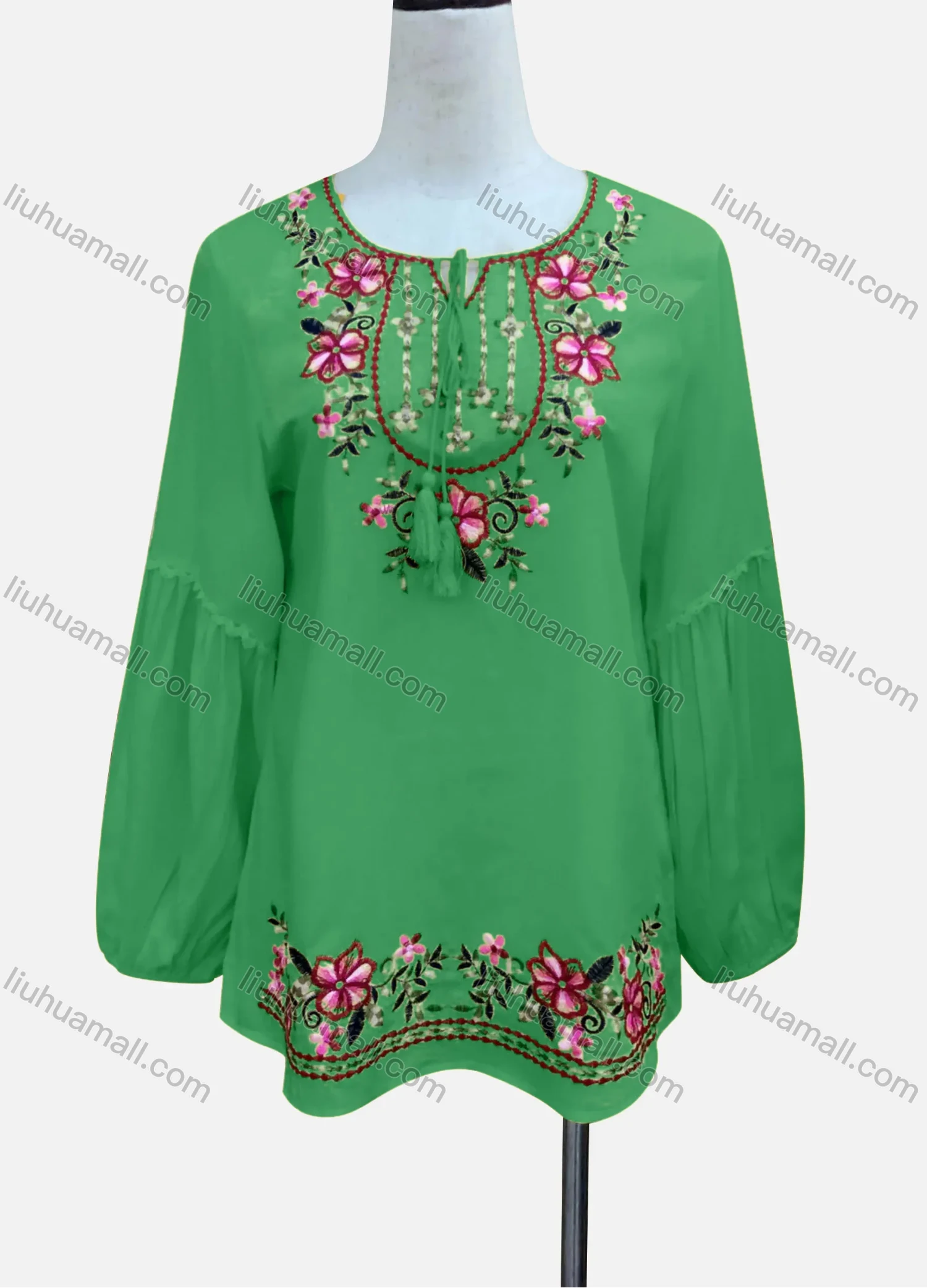 Wholesale Women's Casual Floral Embroidery Splicing Long Sleeve Tie Neck Blouse - Liuhuamall