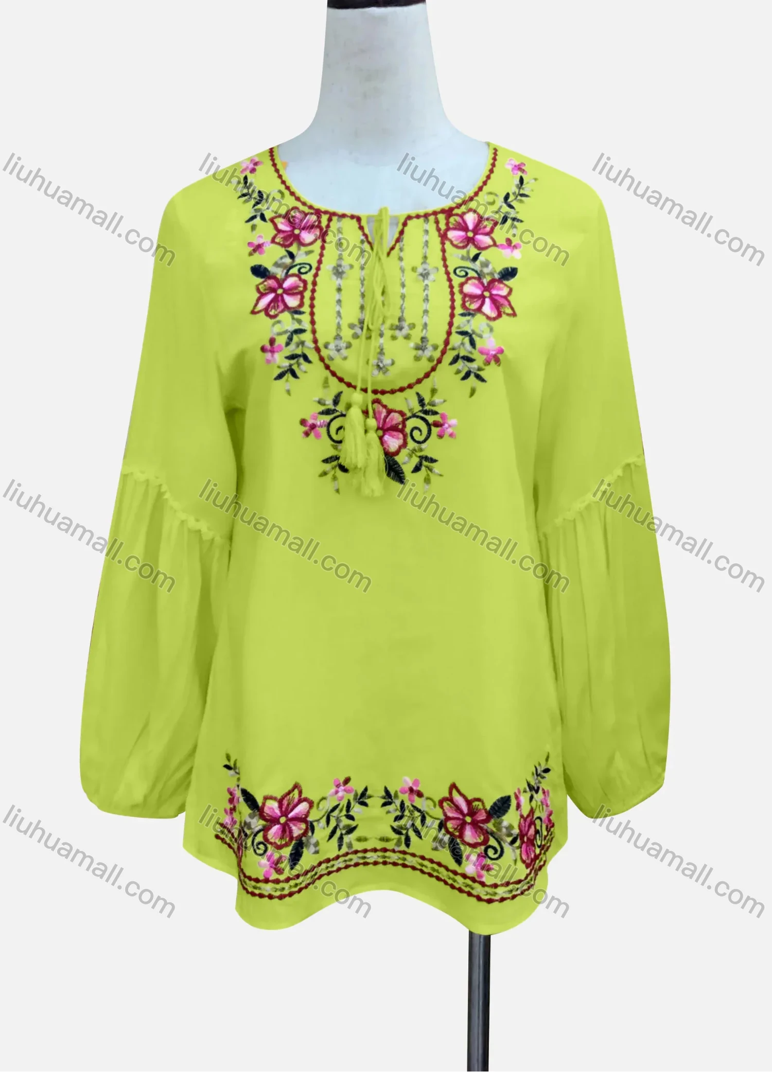 Wholesale Women's Casual Floral Embroidery Splicing Long Sleeve Tie Neck Blouse - Liuhuamall