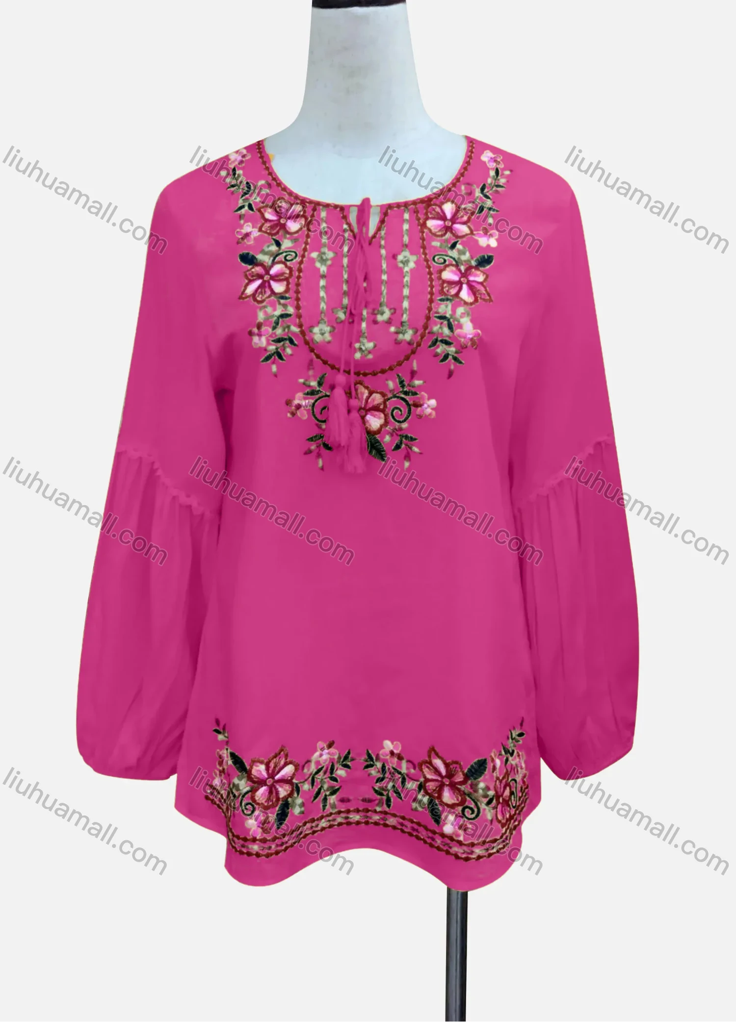 Wholesale Women's Casual Floral Embroidery Splicing Long Sleeve Tie Neck Blouse - Liuhuamall