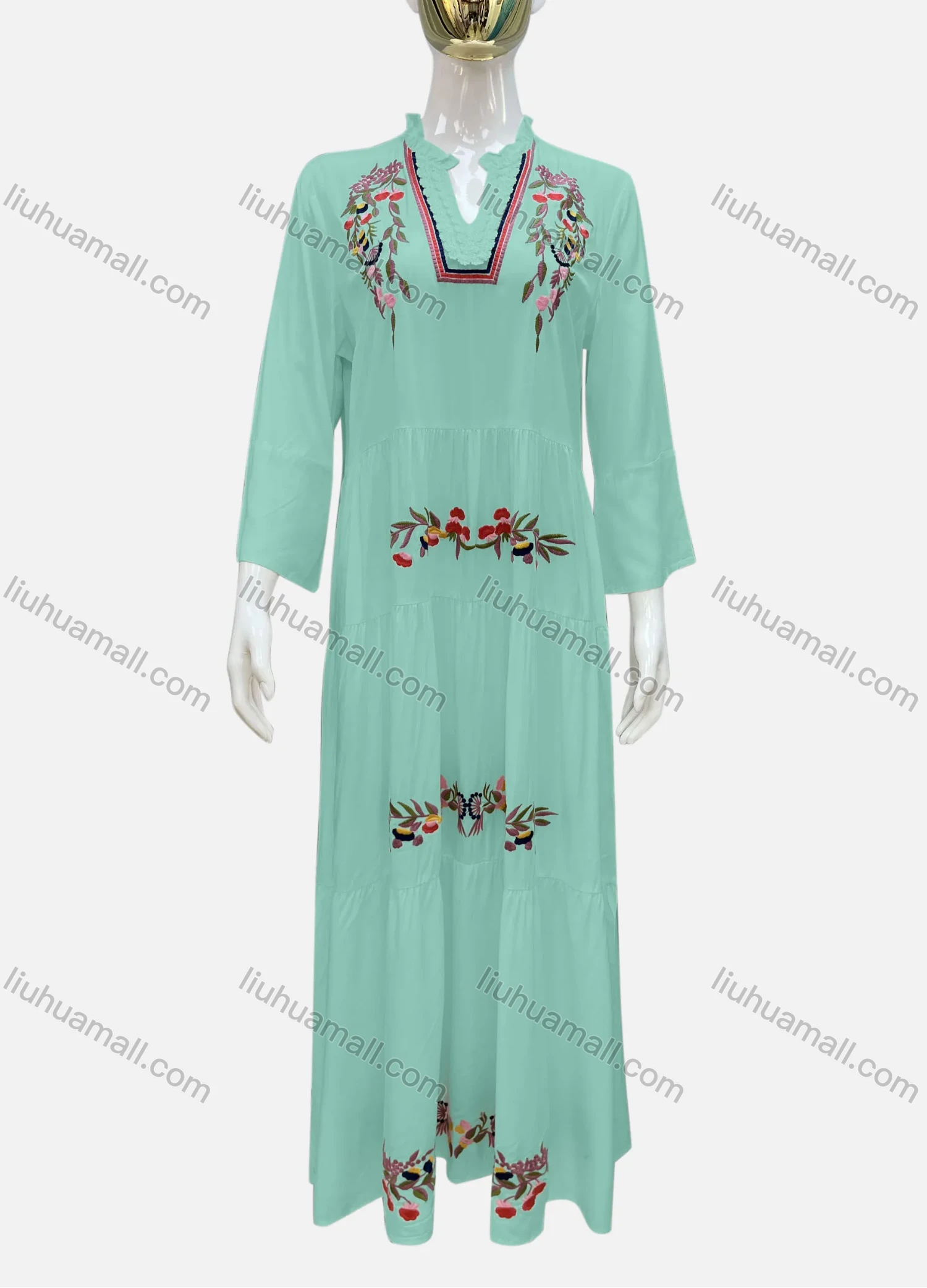 Wholesale Women's Casual Notched Neck Floral Applique Ruffle Hem 3/4 Sleeve Maxi Dress A8# - Liuhuamall